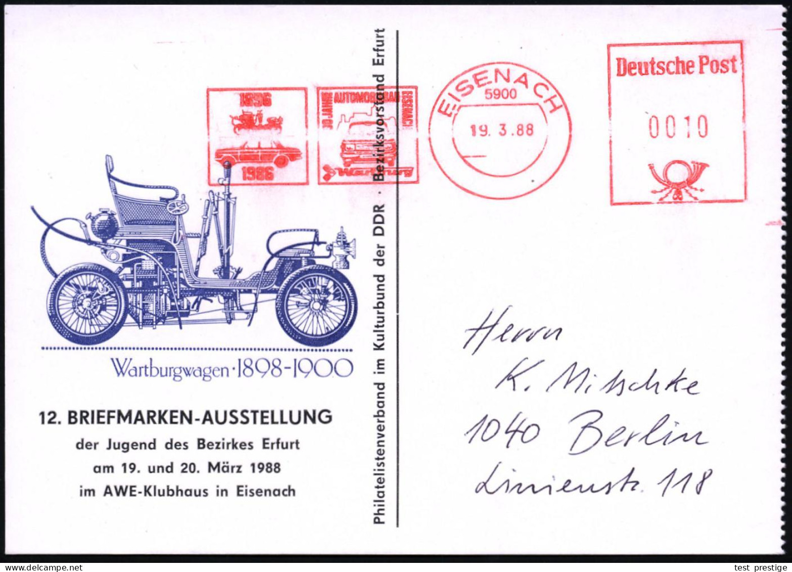 5900 EISENACH/ 1896/ 1986/ 90 JAHRE/ AUTOMOBILBAU/ EISENACH/ Wartburg 1988 (19.3.) Jubil.-AFS Postalia = "Wartburgwagen  - Cars