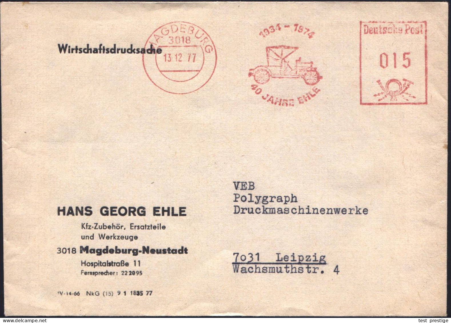 3018 MAGDEBURG/ 1934-1974/ 40 JAHRE EHLE 1977 (13.12.) Jubil.-AFS (= Oldtimer-Kabrio Ford T ?) Firmen-Bf.: HANS GEORG EH - Voitures