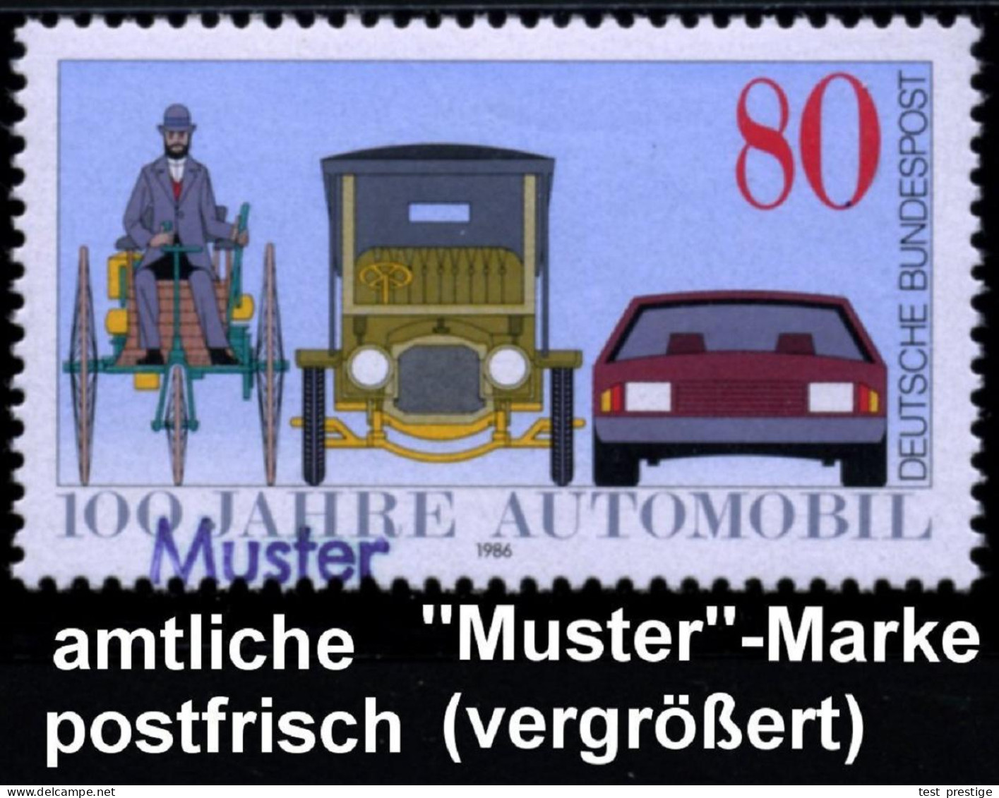 B.R.D. 1986 (Jan.) 80 Pf. "100 Jahre Automobil" + Amtl. Handstempel  "M U S T E R" = Benz-Motorwagen Etc., Postfr. + Amt - Voitures