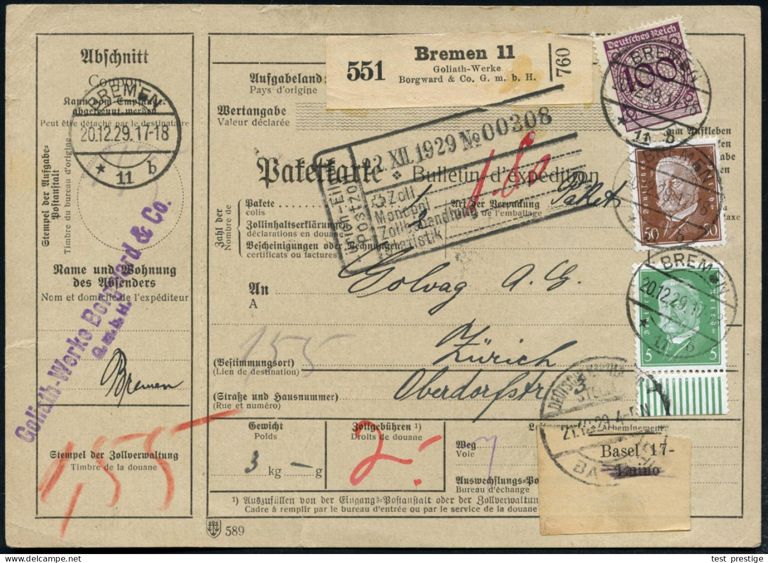 BREMEN/ *11b 1929 (20.12.) 1K-Brücke Auf 155 Pf.-Frankatur + Selbstbucher-Paketzettel: Bremen 11, Goliath-Werke, Borgwar - Coches