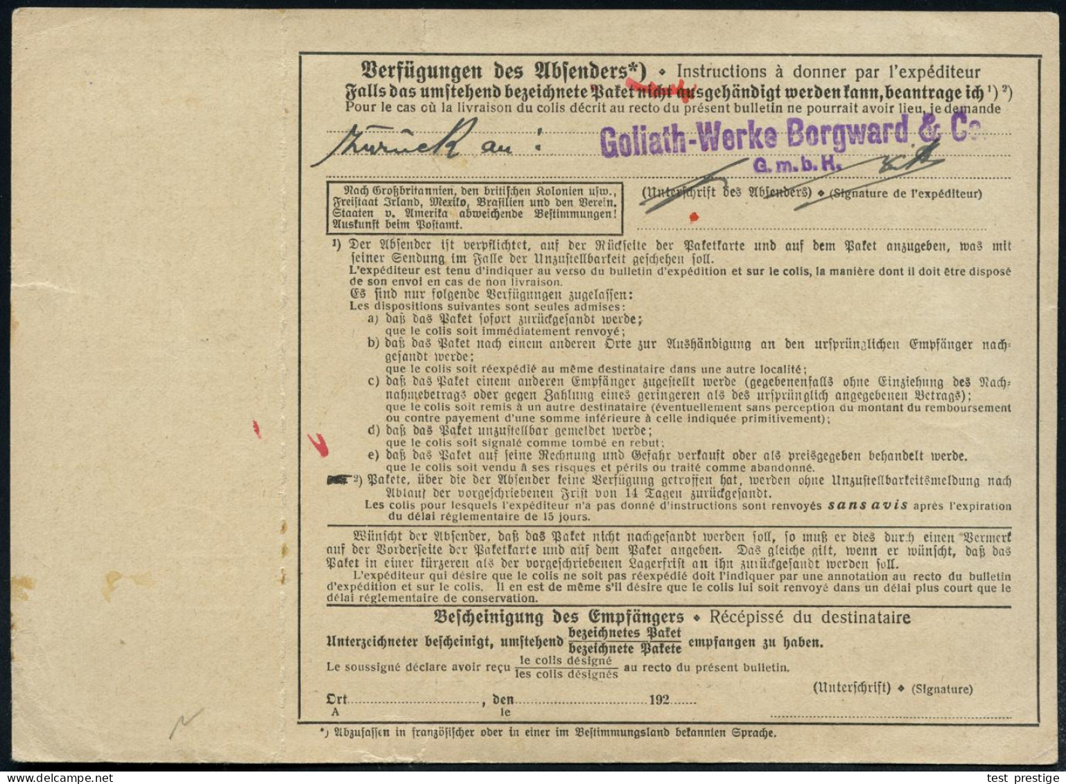 BREMEN/ *11b 1929 (20.12.) 1K-Brücke Auf 155 Pf.-Frankatur + Selbstbucher-Paketzettel: Bremen 11, Goliath-Werke, Borgwar - Cars