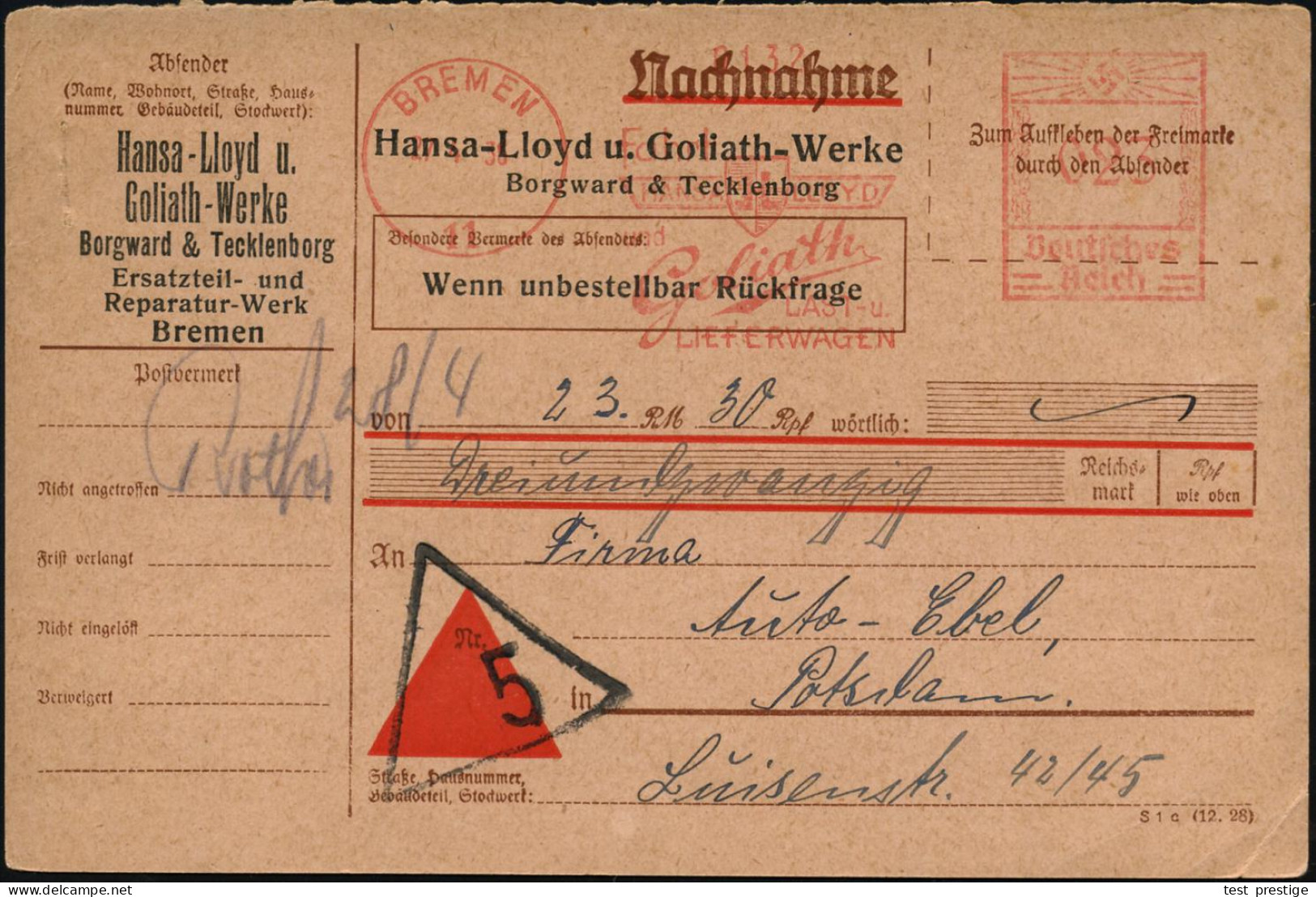 BREMEN/ 11/ Fahrt/ HANSA LLOYD/ Und/ Goliath/ LAST-u./ LIEFERWAGEN 1935 (27.4.) AFS Francotyp 023 Pf. (Firmen-Logo) Klar - Coches