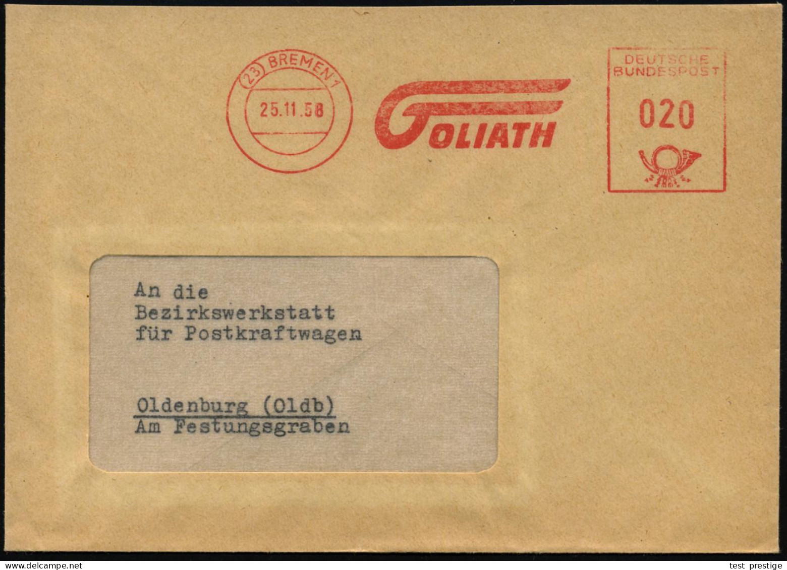 (23) BREMEN 1/ GOLIATH 1955 (25.11.) AFS (Firmen-Logo) Rs. Firmen-Logo In Grün, Fern-Bf.  (Dü.E-23CO) - AUTOMOBIL-HERSTE - Voitures