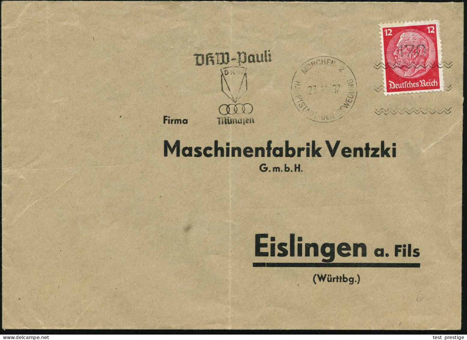 MÜNCHEN 2/ HDB/ =170=/ DKW-Pauli.. 1937 (25.11.) Seltener Freimarkenstempel = Frankierapparat Zur Vorausentwertung Utoma - Voitures