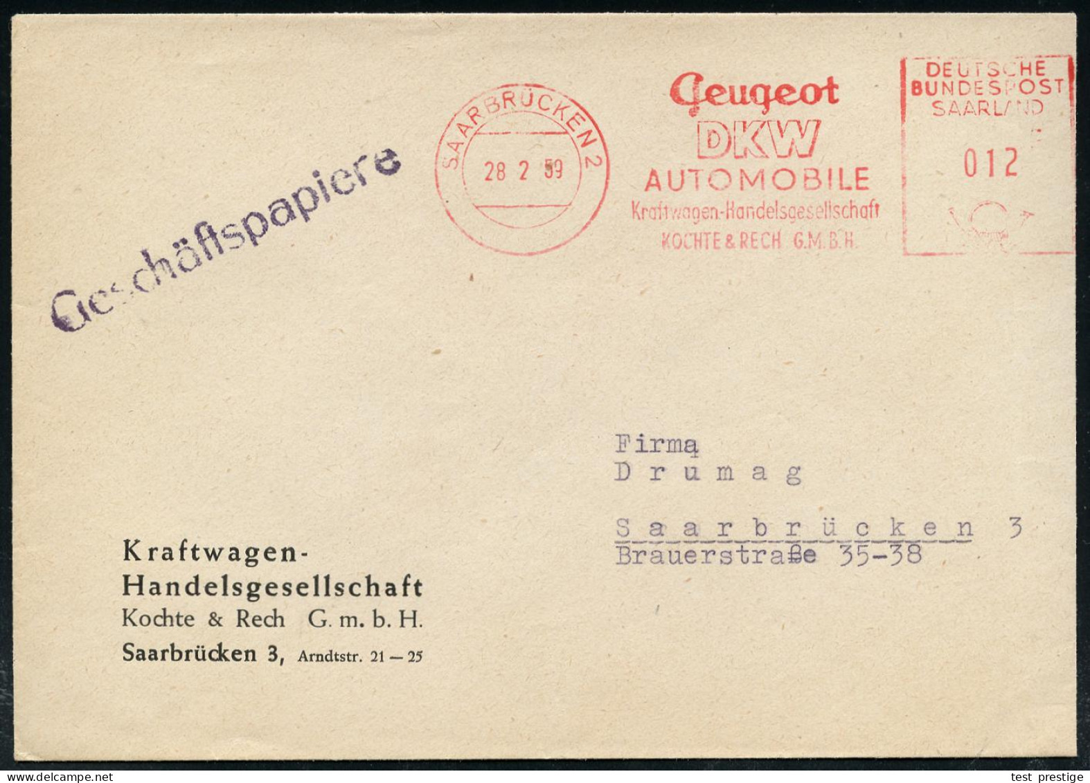 SAARBRÜCKEN 2/ Peugeot/ DKW/ AUTOMOBILE/ ..KOCHTE & RECH 1959 (28.2.) AFS Typ Postalia Saarland 012 F. Auf Firmen-Orts-B - Voitures