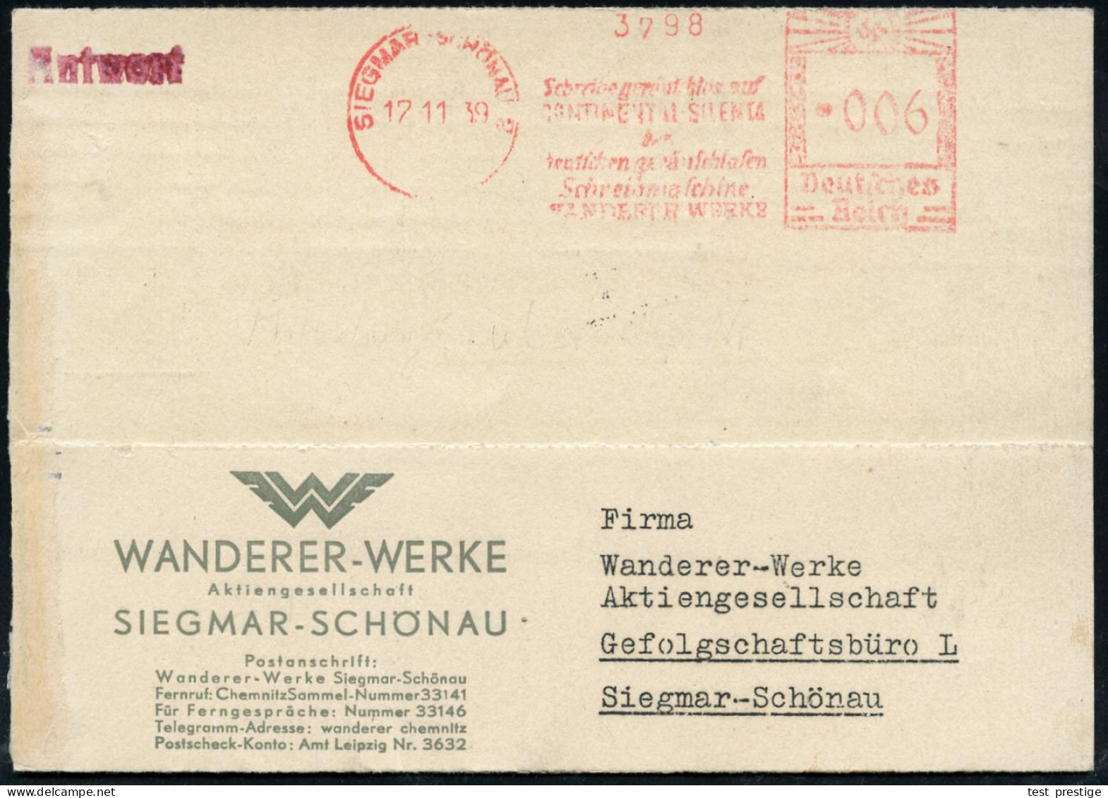 SIEGMAR-SCHÖNAU 2/ ...WANDERER-WERKE 1939 (17.11.) AFS Francotyp Auf Firmen-kT:: WANDERER-WERKE AG.. (Monogr.-Logo) Antw - Cars