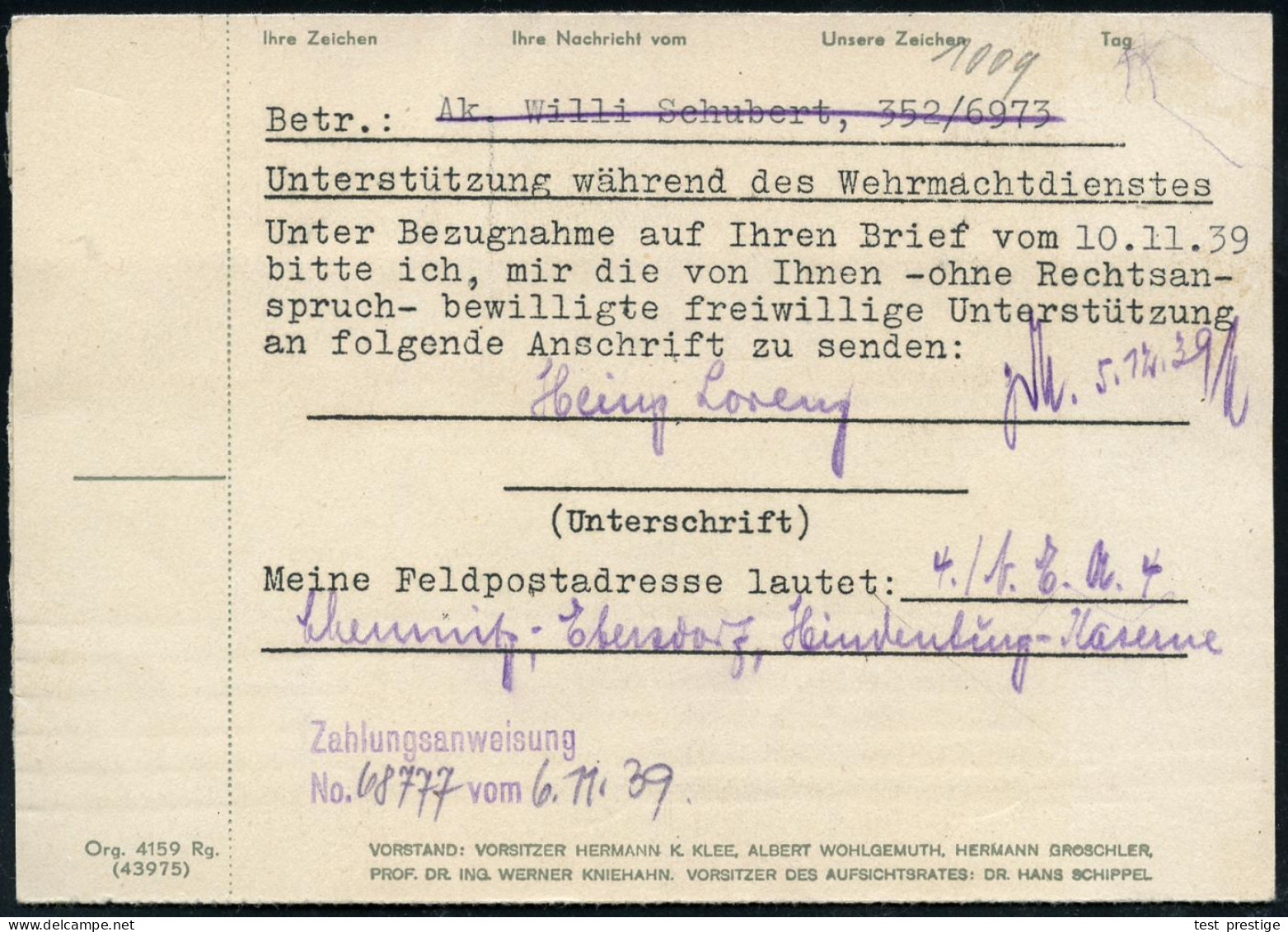 SIEGMAR-SCHÖNAU 2/ ...WANDERER-WERKE 1939 (17.11.) AFS Francotyp Auf Firmen-kT:: WANDERER-WERKE AG.. (Monogr.-Logo) Antw - Coches