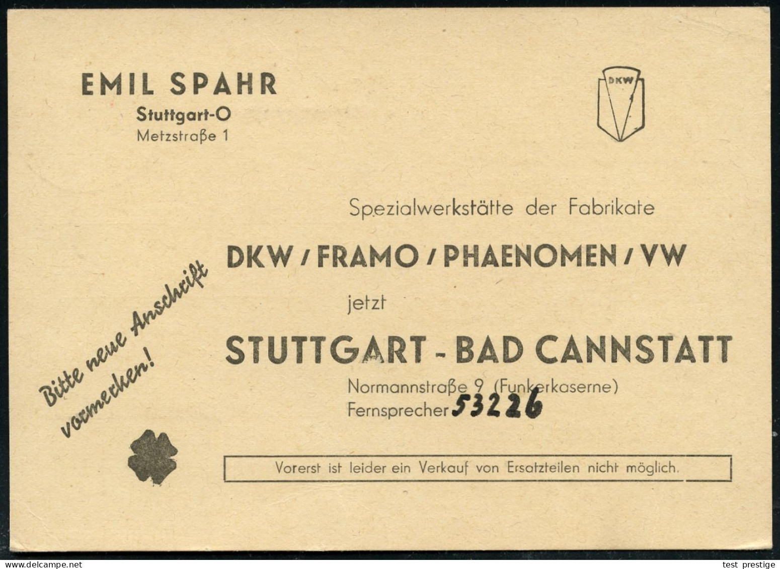 STUTTGART 9/ M/ Gebühr Bezahlt 1946 (14.2.) 1K-Brücken-PFS 3 Pf. Auf Firmen-Kt.: EMIL SPAHR:: Spezialwerkstätte Der Fabr - KFZ