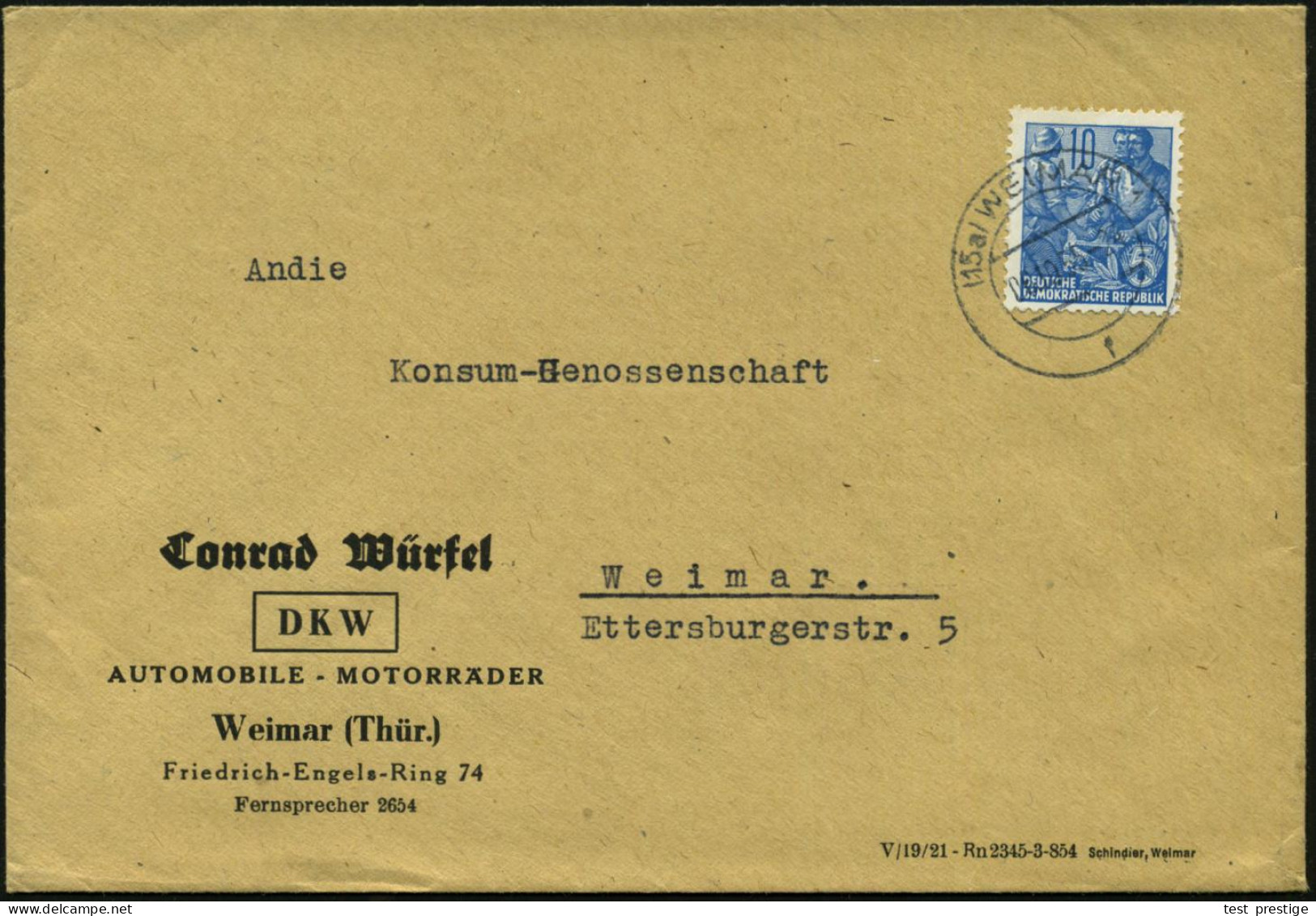 (15a) WEIMAR 1/ F 1956 (6.10.) 2K A. Vordr.-Bf.: Conrad Würfel/ D K W / AUTOMOBILE - MOTORRÄDER , Klar Gest. Ortsbf., Sp - Coches