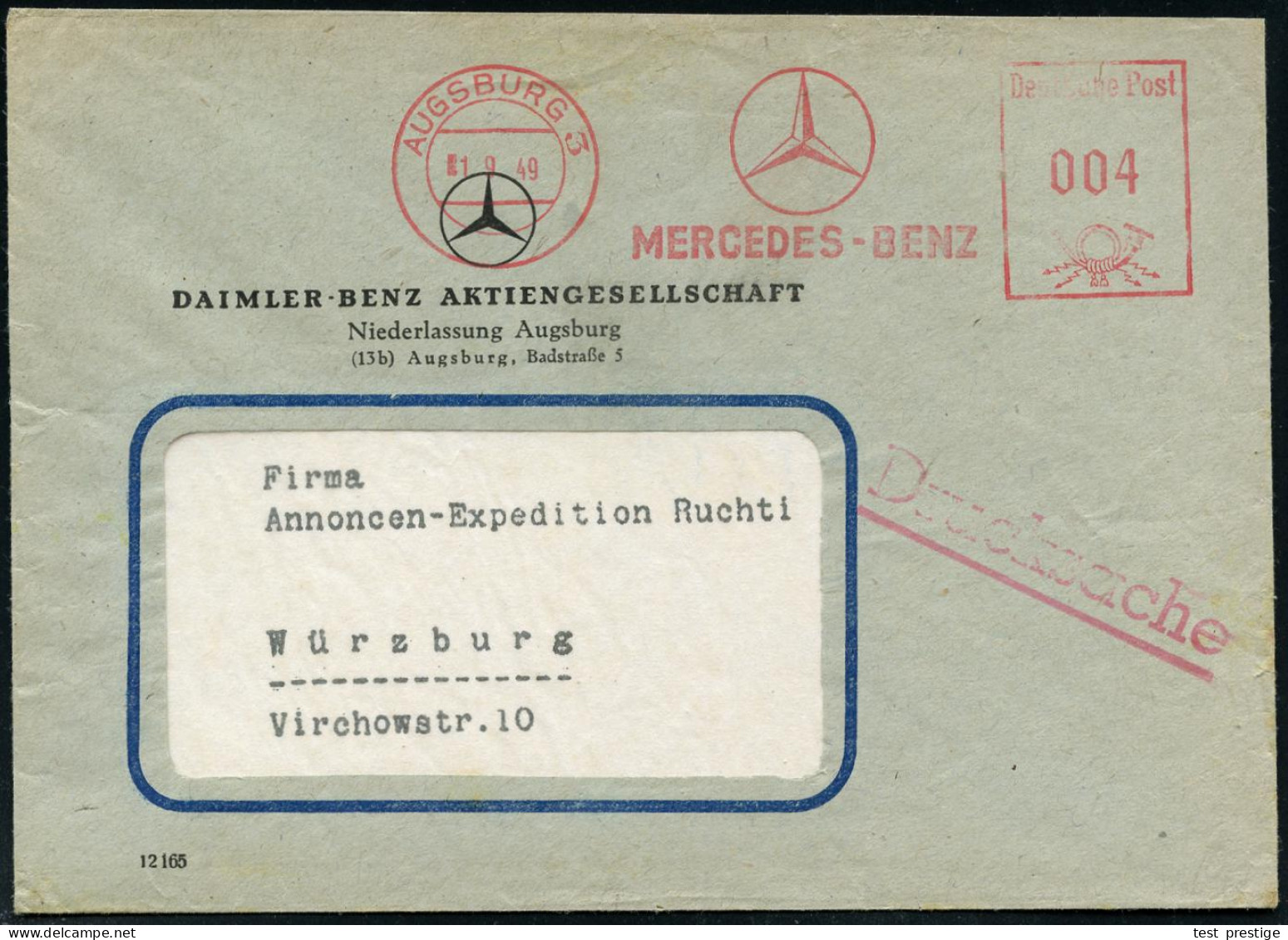 AUGSBURG 3/ MERCEDES-BENZ 1949/53 AFS Francotyp "DEUTSCHE POST" Bzw. "DEUTSCHE BUNDESPOST" (je MB-Stern) 2 Motivgl. Firm - Coches