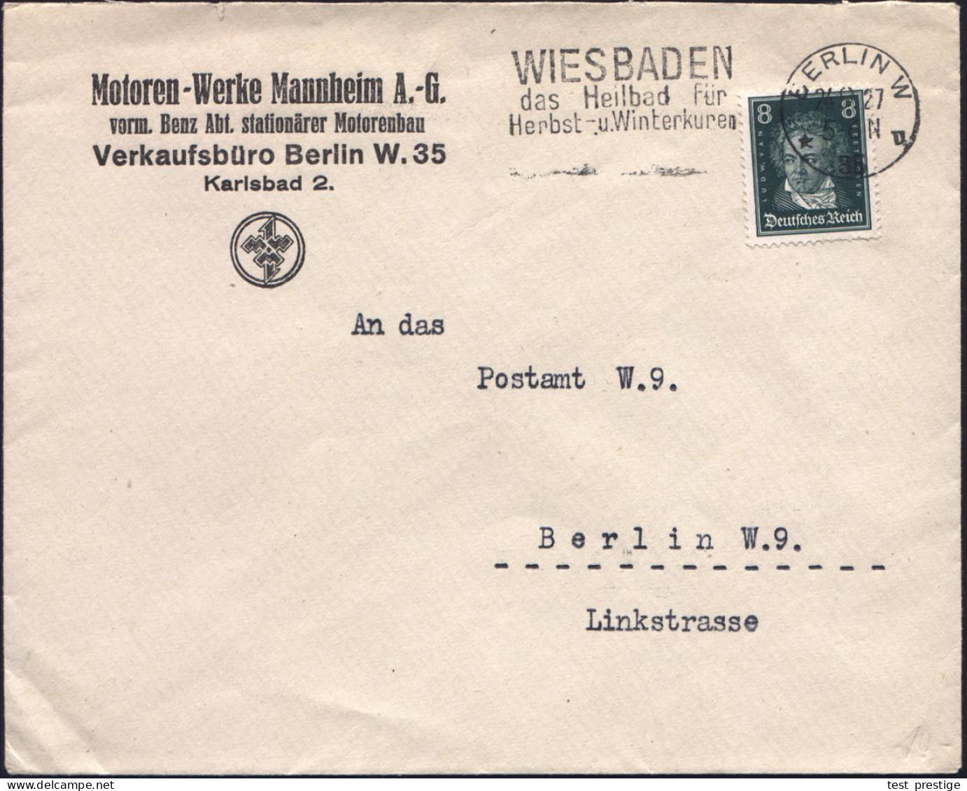 BERLIN W/ *35u/ WIESBADEN/ Das Heilbad.. 1927 (24.9.) MWSt Auf Firmen-Bf: Motoren-Werke Mannheim AG / Vorm. Benz Abt. St - KFZ