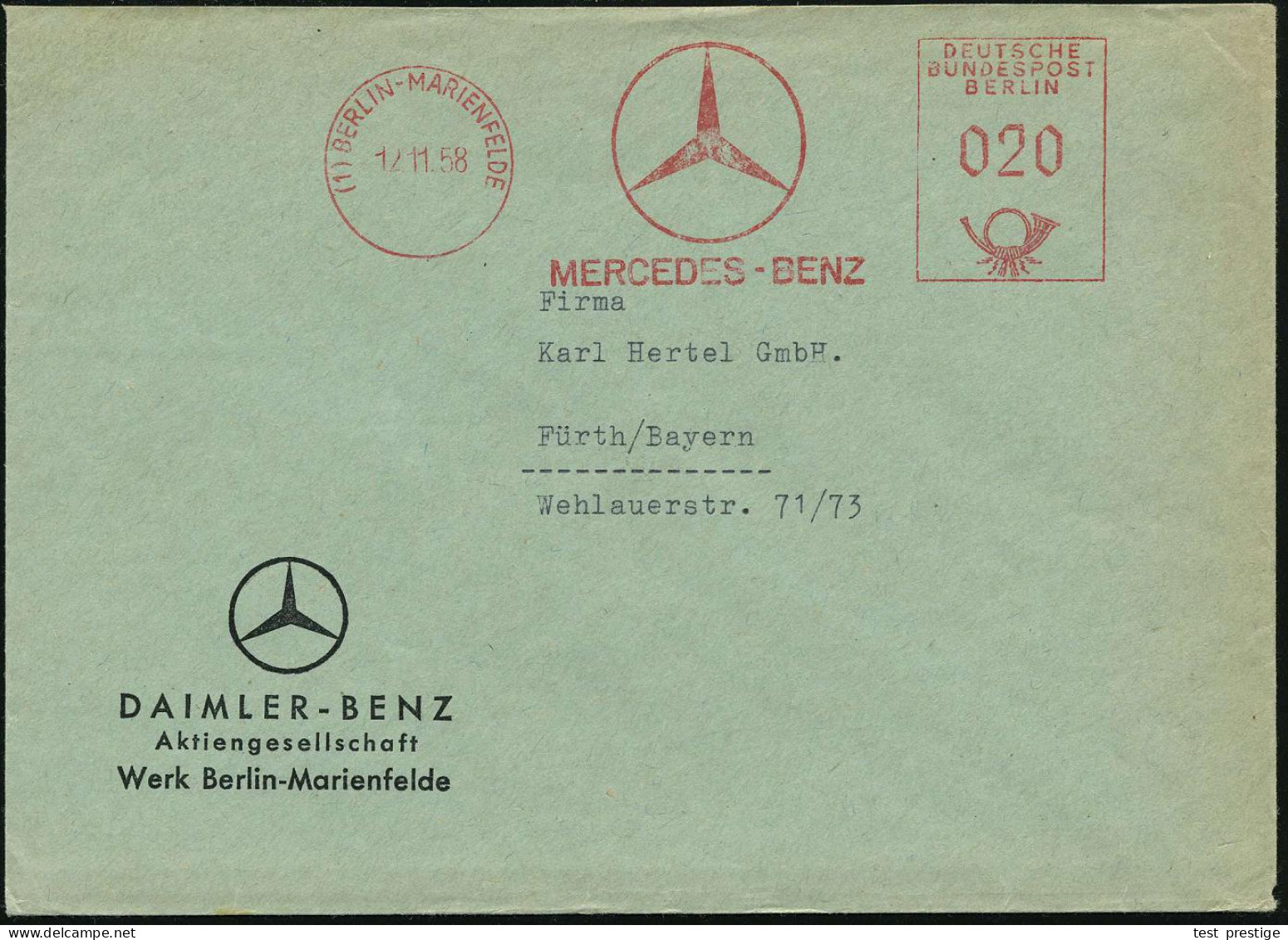 (1) BERLIN-MARIENFELDE/ MERCEDES-BENZ 1958 (12.11.) AFS (MB-Stern-Logo) Motivgl. Firmenbrief (Dü.E-24CGo) - MERCEDES-BEN - Cars