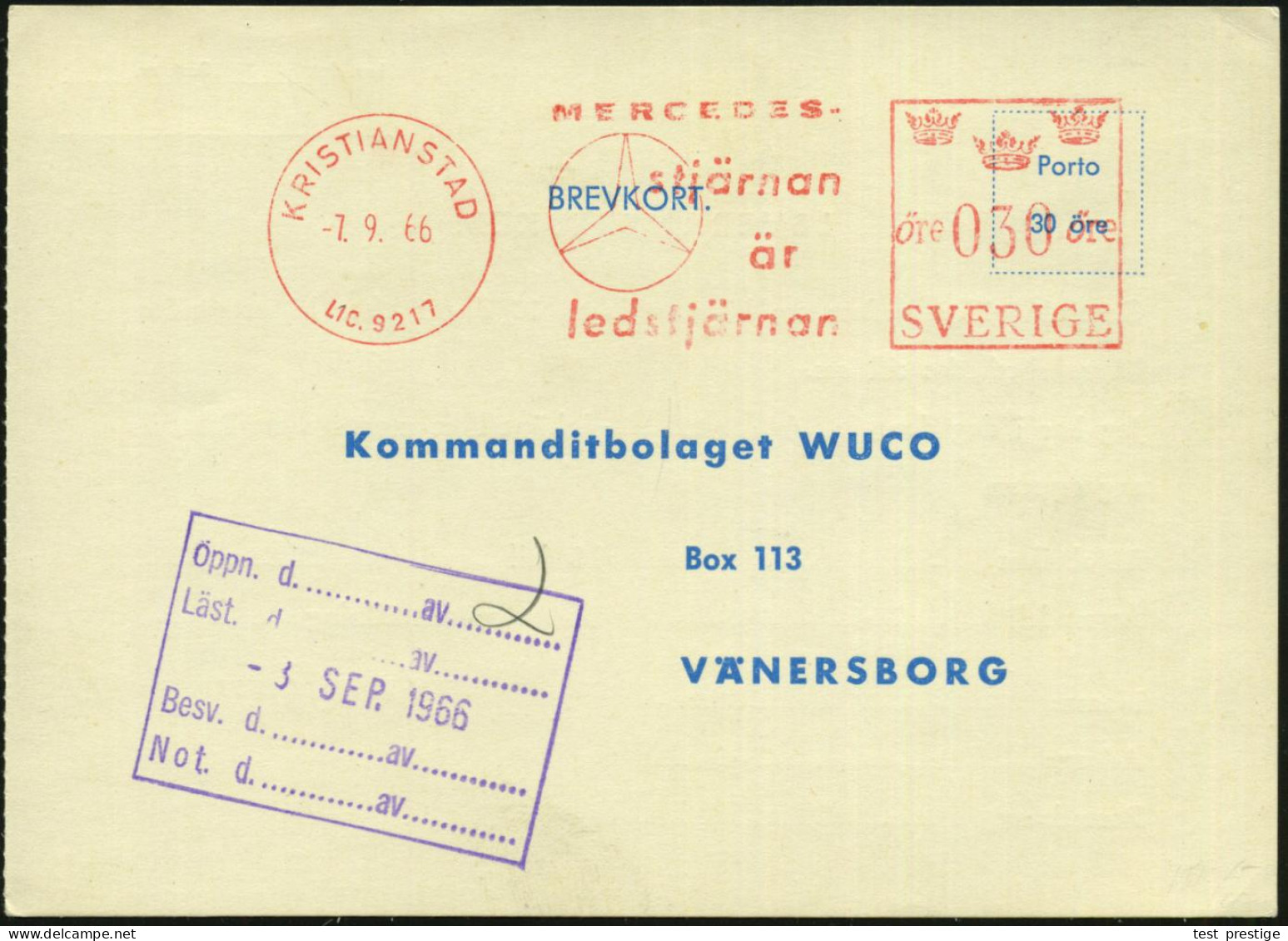 SCHWEDEN 1966 (7.9.) AFS: KRISTIANSAND/LIC.9217/MERCEDES/stjärnan.. = MB-Stern , Werkstatt-Kt. Für Einen Simca! - MERCED - Coches