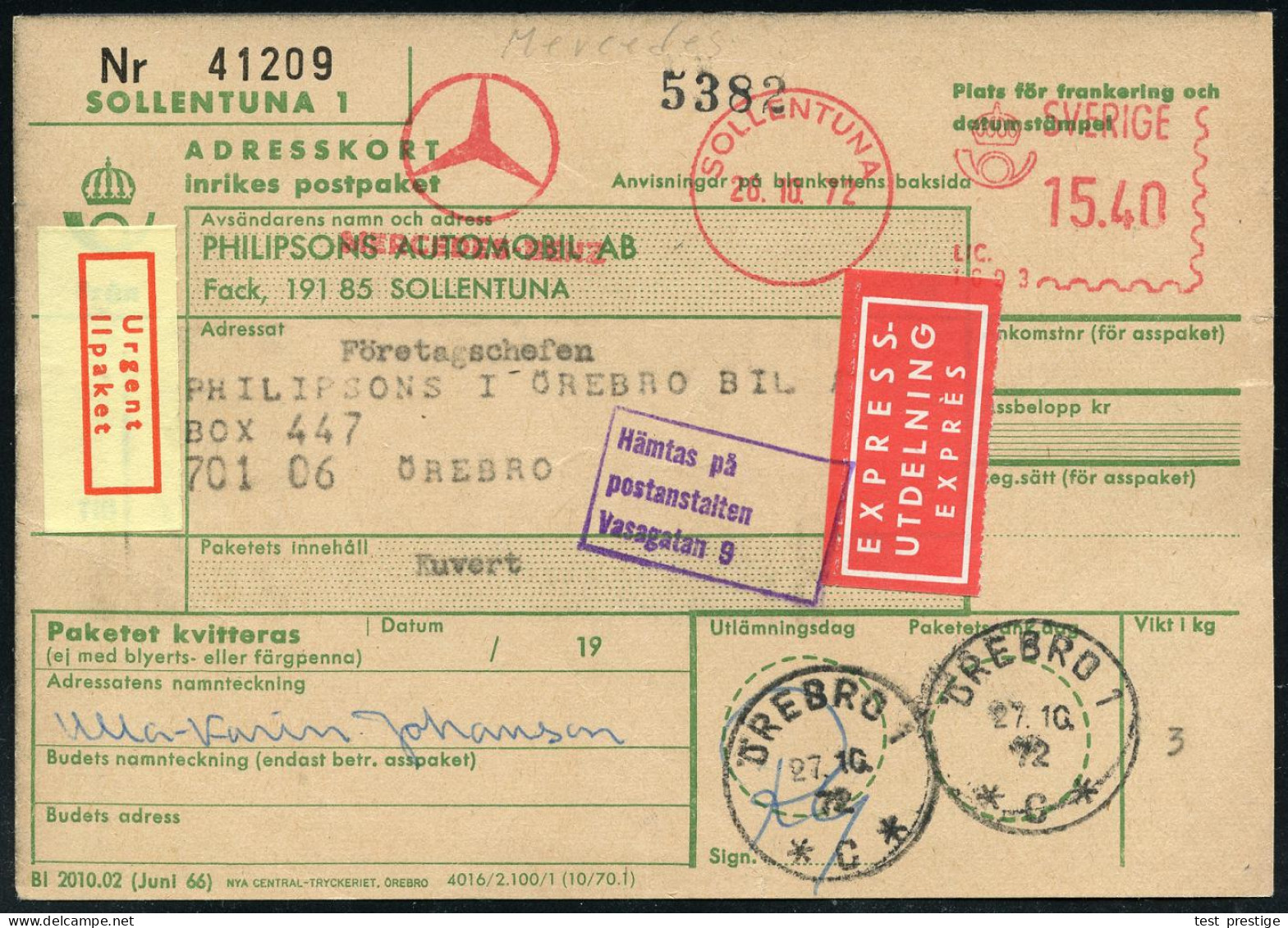 SCHWEDEN 1972 (26.10.) AFS: SOLLENTUNA/ MERCEDES-BENZ = MB-Logo, Portostufe 15.40 Kr. (MB-Logo) Klar Gest. Inl.-Express- - Auto's