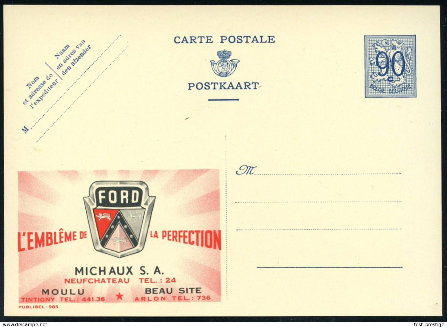 BELGIEN 1951 90 C. Blau  Reklame-P:  F O R D / L'EMBLEME DE LA PERFECTION/ MICHAUX S.A./ MOULU.. (= Ford-Kühlerlogo, Sch - Cars