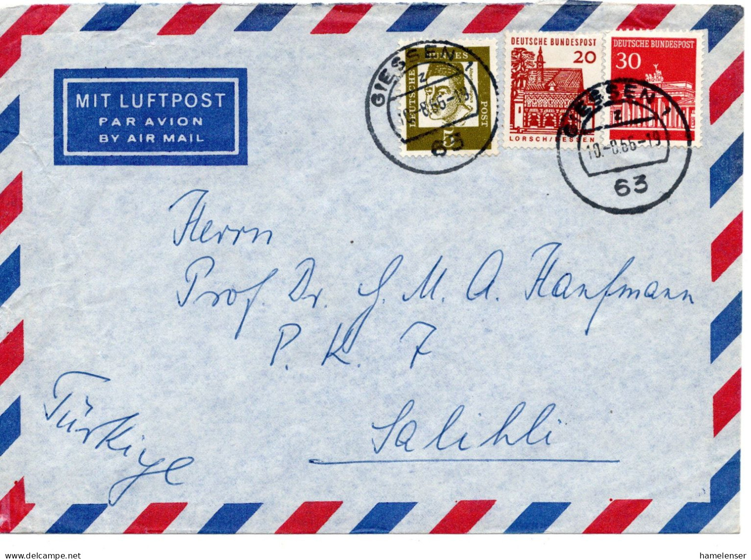 69752 - Bund - 1966 - 30Pfg Brandenburger Tor MiF A LpBf GIESSEN -> Tuerkei - Lettres & Documents