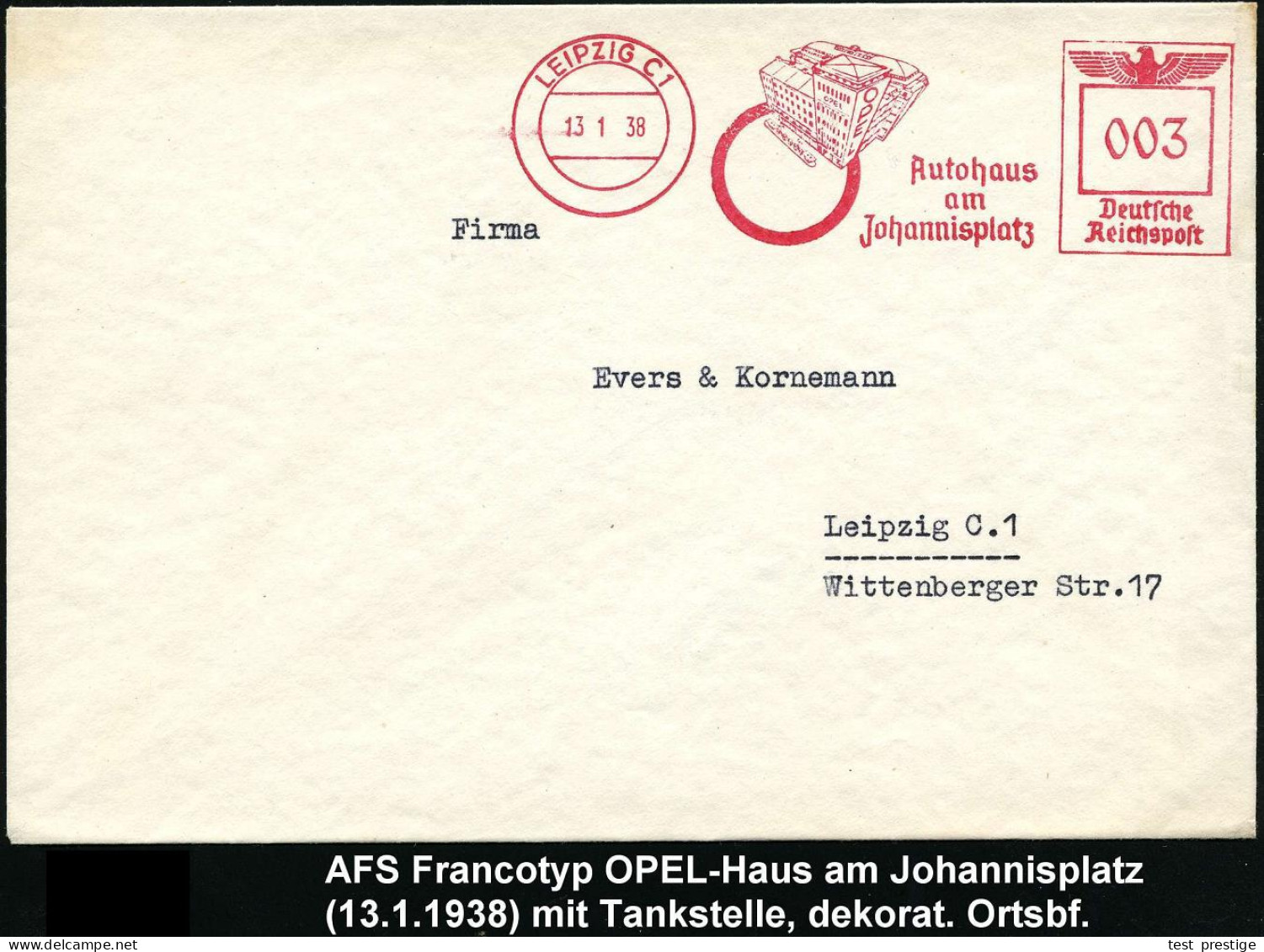 LEIPZIG C 1/ OPEL/ Autohaus/ Am/ Johannisplatz 1938 (13.1.) Dekorativer AFS Francotyp = Opel-Haus Mit Tankstelle , Klar  - Auto's