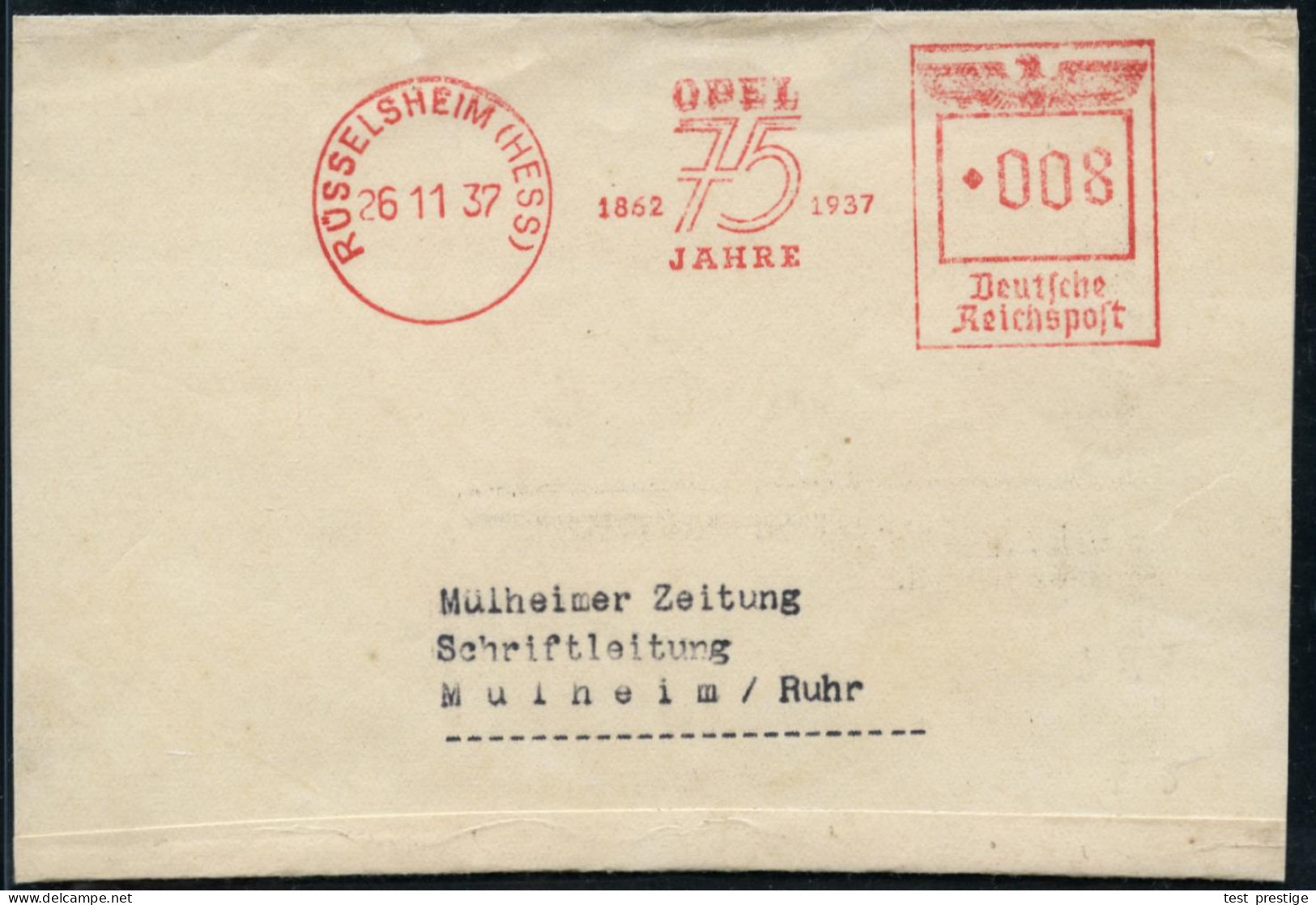 RÜSSELSHEIM (HESS)/ OPEL/ 1862 1937/ 75/ JAHRE 1937 (26.11.) Seltener Jubil.-AFS Francotyp "Reichsadler" , Klar Gest. Kl - Voitures