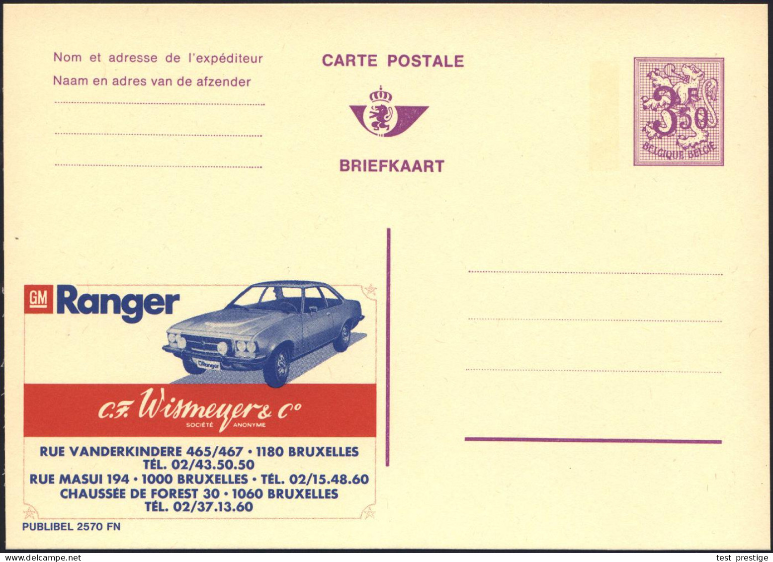 BELGIEN 1972 3,50 F. Reklame-P., Wappenlöwe, Viol.: GM Ranger/C. F. Wismeyer & Co.. = Ranger Limousine , Ungebr. (Mi.P 3 - Voitures