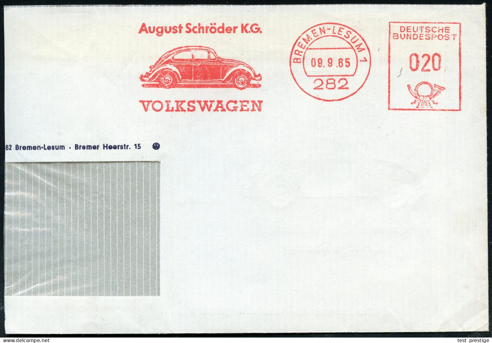 282 BREMEN-LESUM 1/ August Schröder KG/ VOLKSWAGEN 1965 (9.8.) AFS = VW "Käfer" , Teil-Bf., Rs. Reklame Mit VW "Käfer",  - Cars