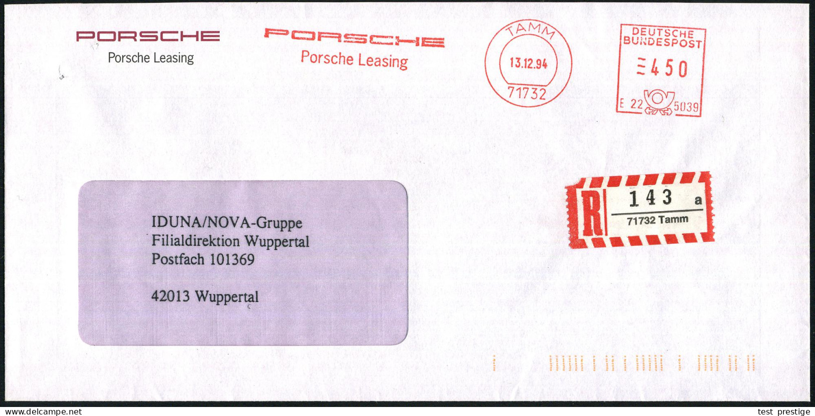 71732 TAMM/ E22 5039/ PORSCHE/ Porsche Leasing 1994 (13.12.) AFS 450 Pf. + RZ: 71732 Tamm/a, Firmenbrief (kl. Kerbe), In - Autos