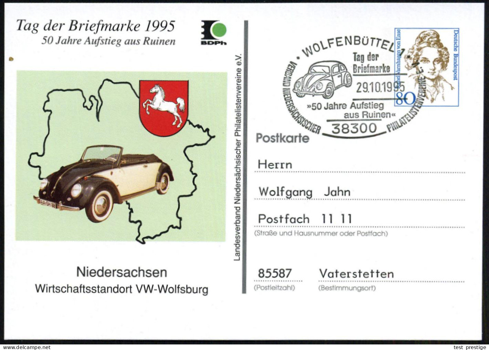 38300 WOLFENBÜTTEL 1/ Tag D./ Briefmarke/ "50 Jahre Aufstieg/ Aus Ruinen".. 1995 (29.10.) SSt = VW "Käfer" Auf  PP 80 Pf - Coches