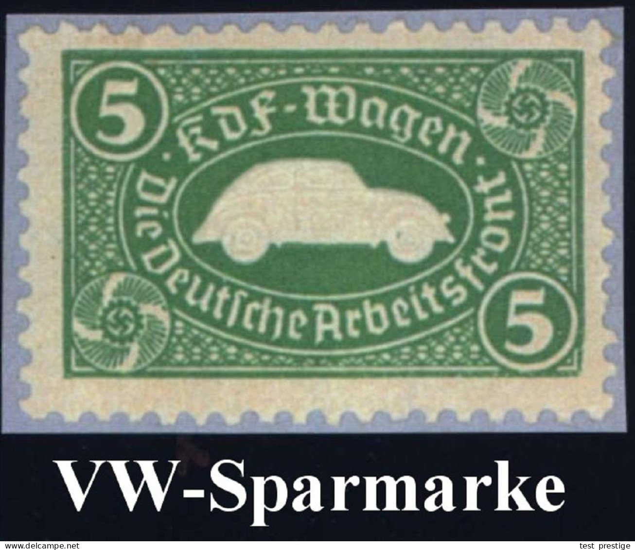 DEUTSCHES REICH 1938 Grüne Sparmarke 5 RM.  "K D F - Wagen, Deutsche Arbeitsfront" (VW-Käfer, KdF-Logo) O.G. - VOLKSWAGE - Cars