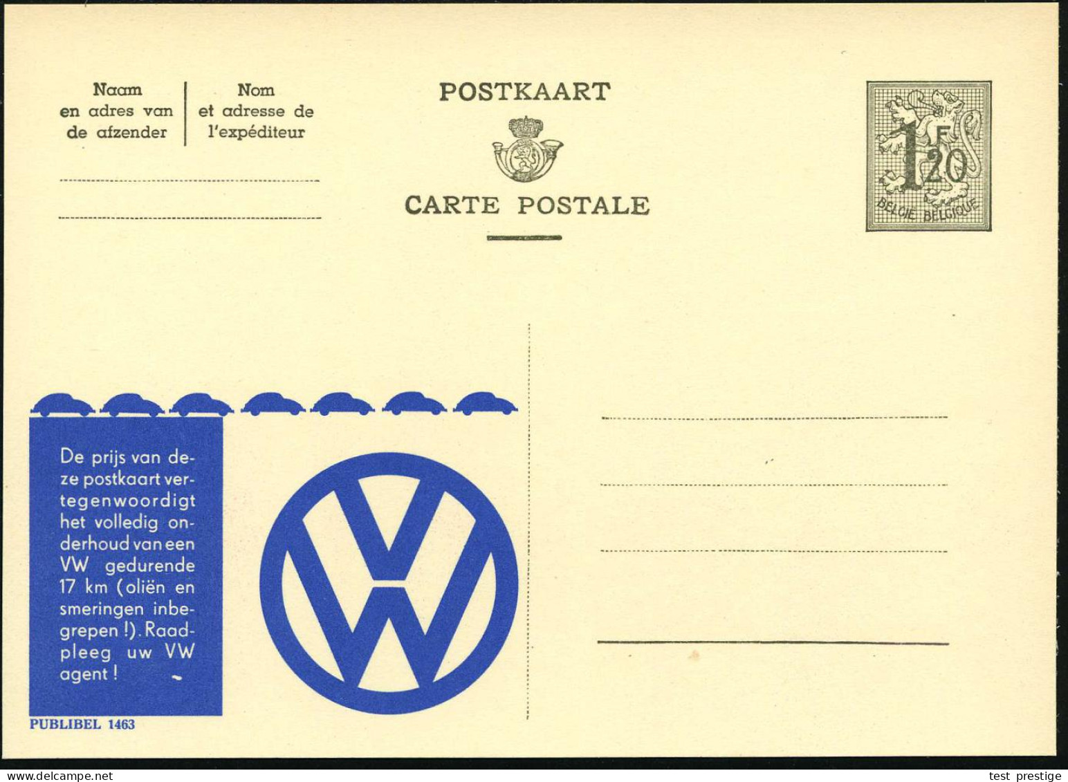 BELGIEN 1954 1,20 F. Reklame-P., Löwe, Oliv: VW, De Prijs Van Deze Postkaart.. (VW-Logo, 7 VW-Käfer-Silhouetten) Flämisc - Voitures