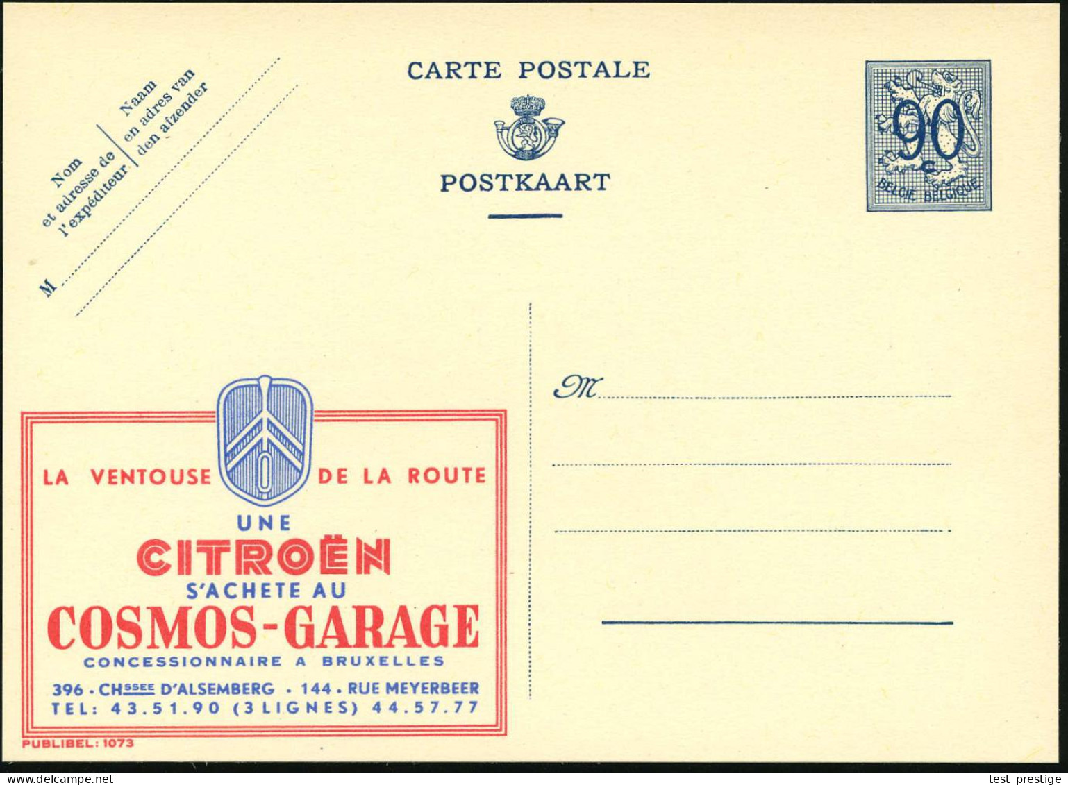 BELGIEN 1951 90 C. Reklame-P. Wappenlöwe, Blau: ..CITROEN..COSMOS GARAGE BRUXELLES (Kühlergrill Mit Citroen-Logo) Ungebr - Voitures