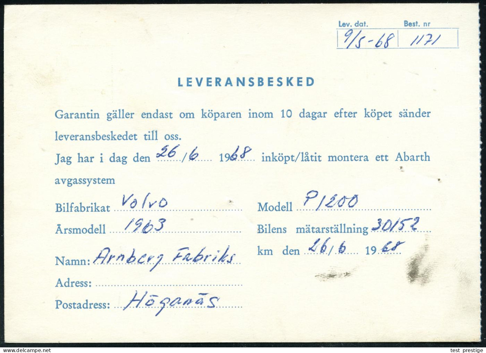 SCHWEDEN 1968 (26.6.) AFS: HÄLSINGBORG/LIC.10087/..Amazon..6 Man/Riksgaranti (= Volvo Amazon) Auf  Werkstatt-Kt Für Eine - Voitures