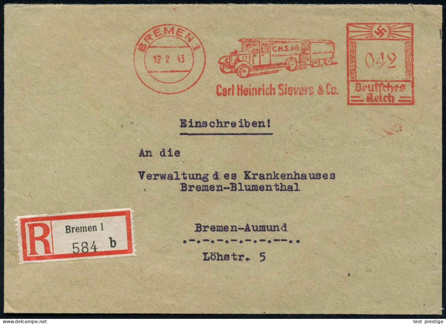 BREMEN 1/ Carl Heinrich Sievers & Co. 1943 (12.2.) AFS Francotyp  042 Pf. = LKW-Zug Mit Anhänger + RZ: Bremen 1/b, Klar  - Camions