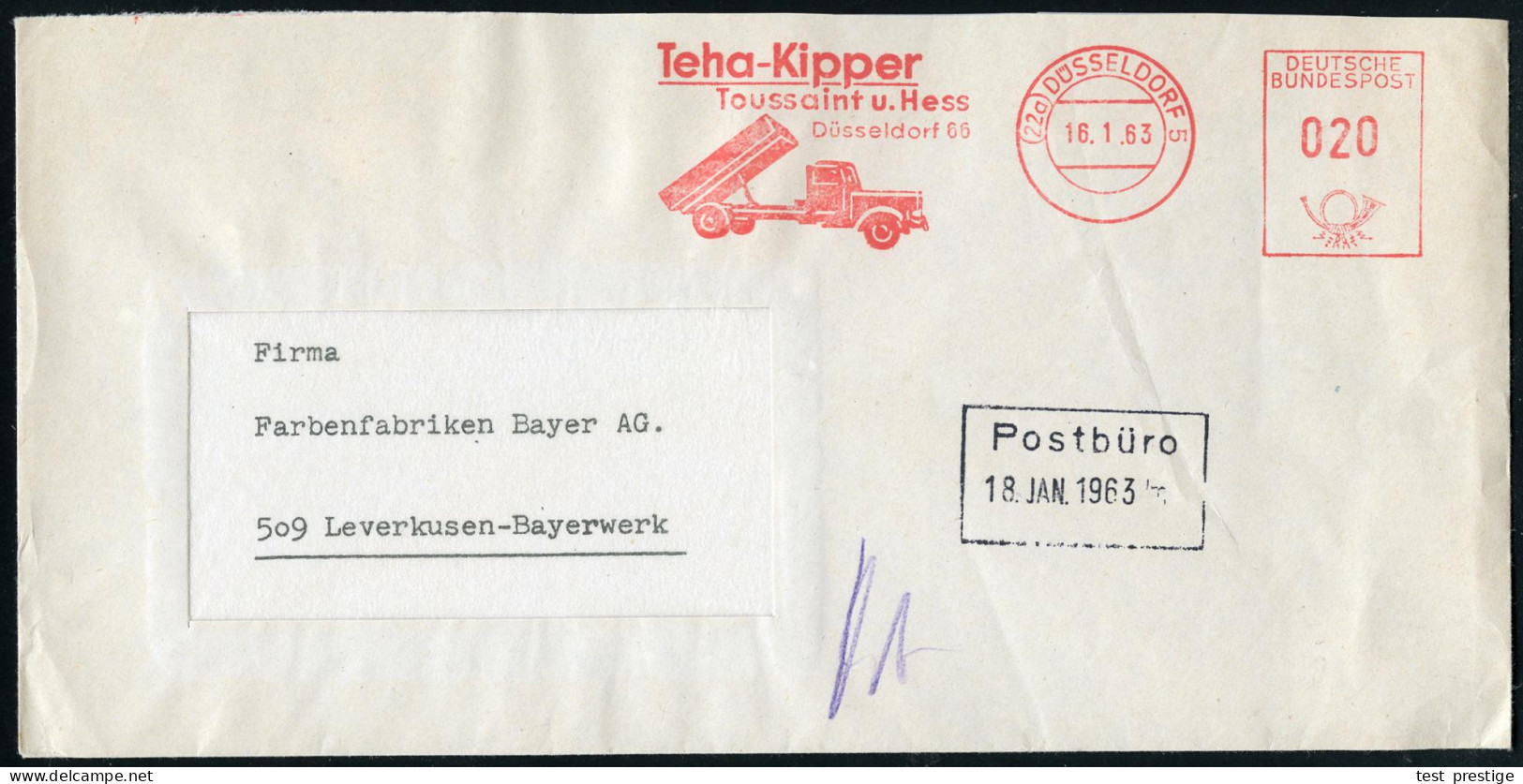 (22a) DÜSSELDORF 5/ Teha-Kipper/ Toussaint U.Hess.. 1963 (16.1.) AFS Francotyp, Noch Mit Alter PLZ = Teha-Kipper , Rs. A - Trucks