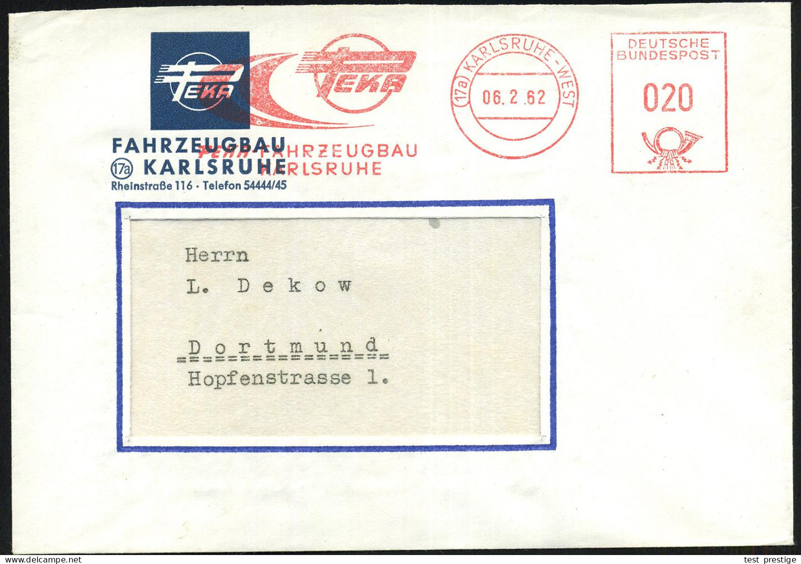 (17a) KARLSRUHE-WEST/ PEKA FAHRZEUGBAU.. 1962 (6.2.) AFS (Firmen-Logo) Klar Gest., Motivgl. Firmen-Bf. (Dü.E-26/alt) - L - Camions