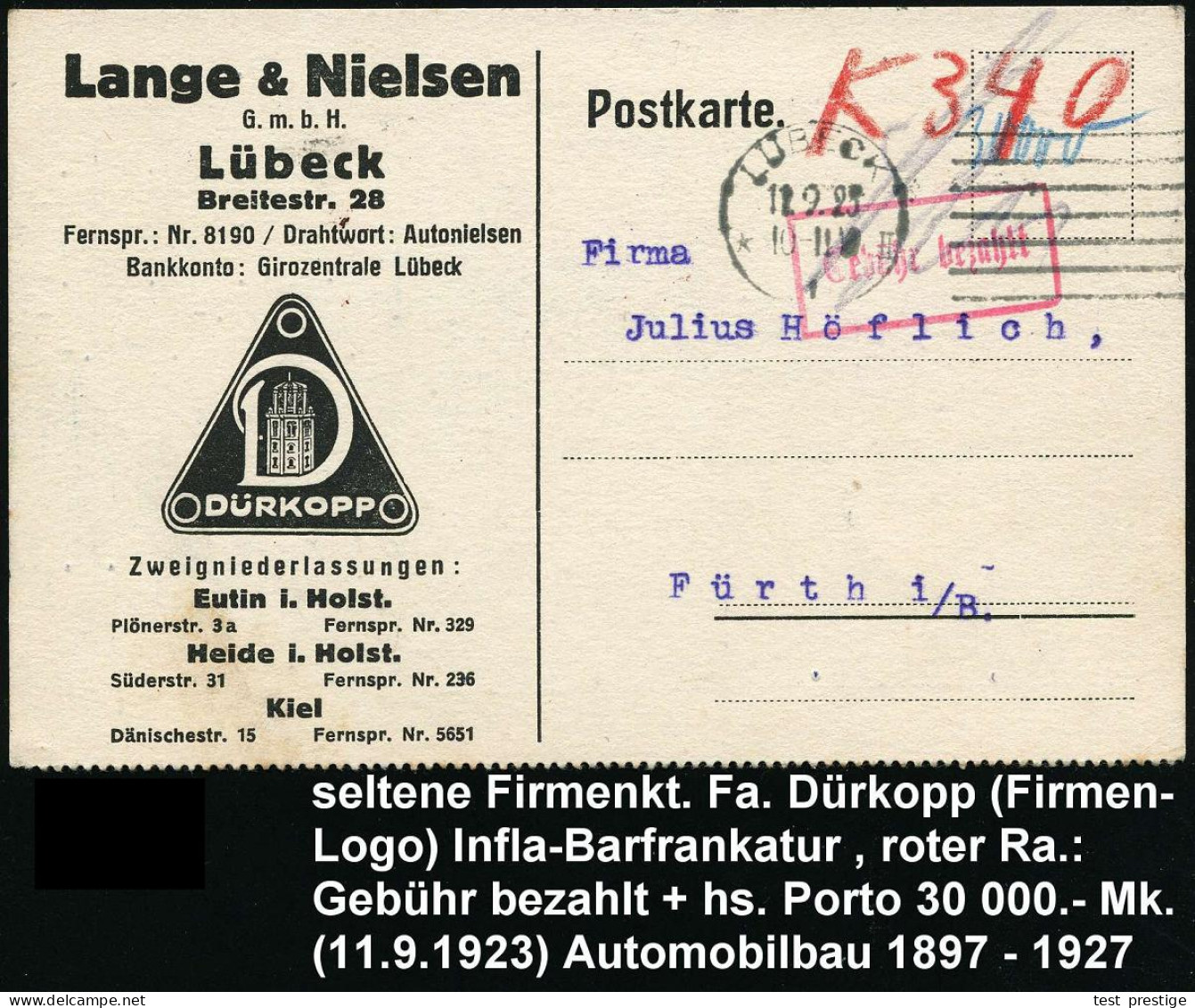 LÜBECK/ *1II 1923 (11.2.) MaStrichSt  Auf Firmen-Kt.: Lange & Nielsen.. DÜRKOPP, Zweigniederlassungen.. (Logo) + Roter R - Camiones