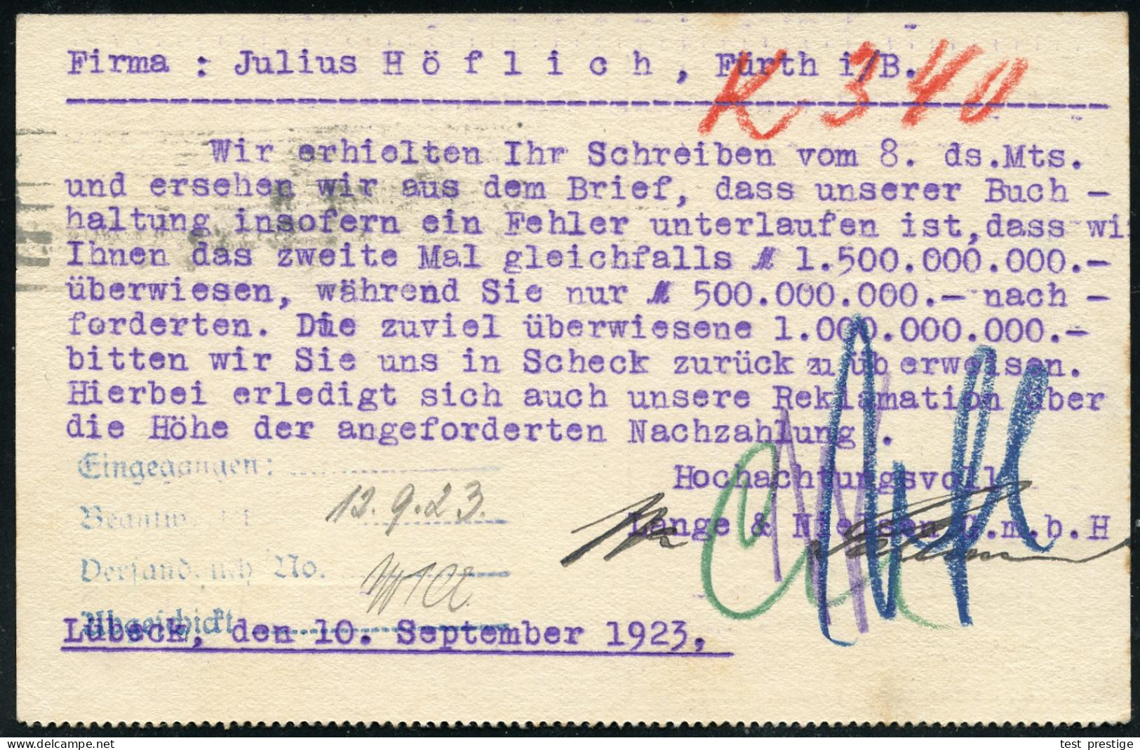 LÜBECK/ *1II 1923 (11.2.) MaStrichSt  Auf Firmen-Kt.: Lange & Nielsen.. DÜRKOPP, Zweigniederlassungen.. (Logo) + Roter R - Vrachtwagens