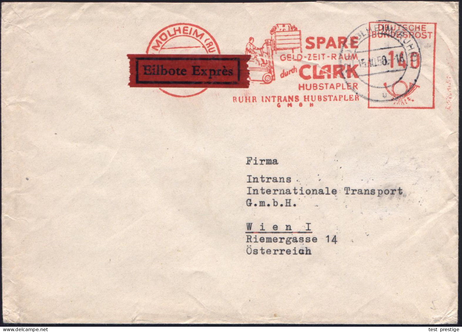 (22a) MÜLHEIM (RUHR)/ SPARE/ GELD-ZEIT-RAUM/ Durch CLARK/ HUBSTAPLER.. 1958 (15.10.) AFS 140 Pf. = Gabelstapler Clark +  - Camions