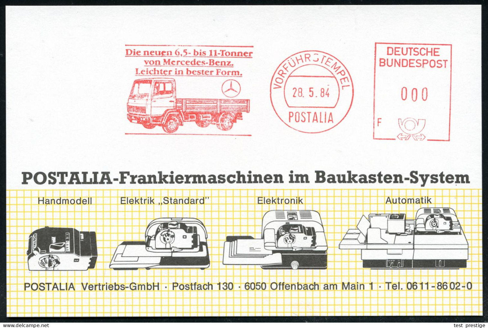 B.R.D. 1984 (10.5.) AFS: VORFÜHRSTEMPEL/POSTALIA/F/Die Neuen 6,5 Bis 11-Tonner Von Mercedes-Benz.. Autozentrale Gebr. Di - Camions