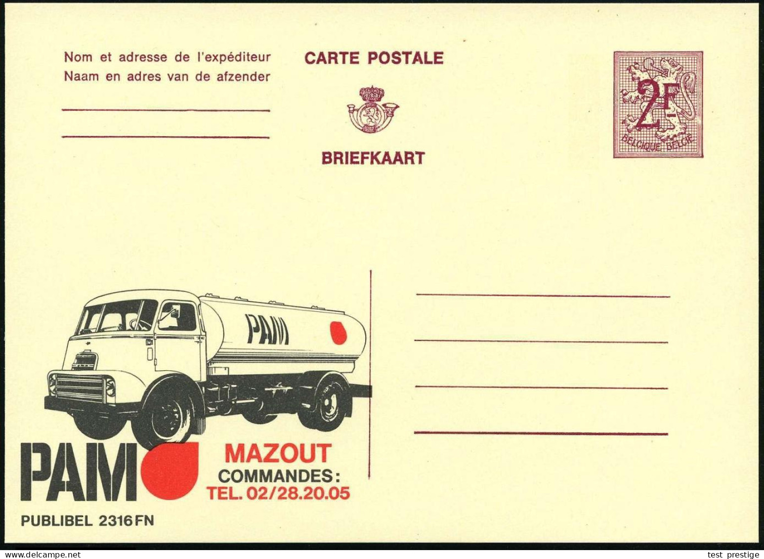 BELGIEN 1969 2 F. Reklame-P. Löwe, Karmin: PAM MAZOUT COMMANDES.. = Heizöl-LKW , Französ.-fläm. Titel Bzw. Nur Flämische - Trucks