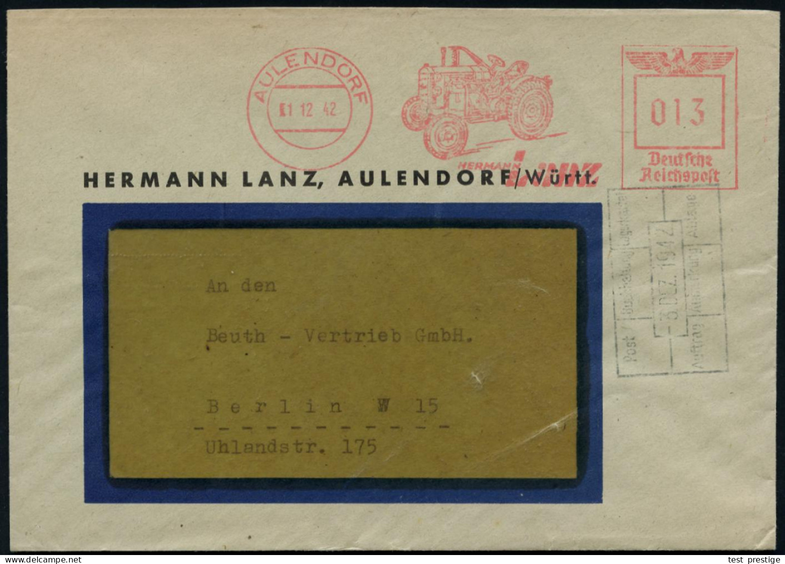 AULENDORF/ HERMANN/ Lanz 1942 (1.12.) Seltener AFS Francotyp = Lanz-Traktor, Klar Gest. Firmen-Bf., Schönes Motiv!  (Dü. - Voitures