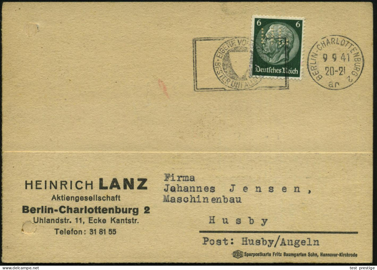 Berlin-Charlottenburg 2 1941 (9.9.) 6 Pf. Hindenburg, Grün Mit Firmen-Lochung "H L" = H(EINRICH) (LANZ AG) , (unten Reg. - Coches