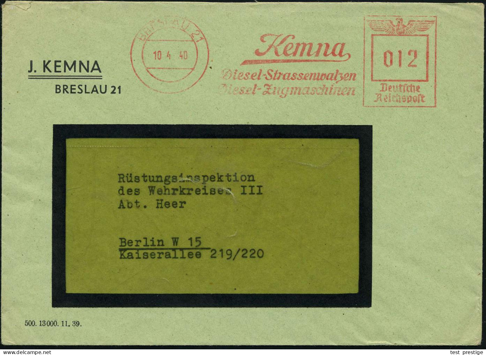 BRESLAU 21/ Kemna/ Diesel-Strassenwalzen/ Diesel-Zugmaschinen 1940 (10.4.) Seltener AFS Francotyp (Firmen-Schriftzug) Rs - Voitures