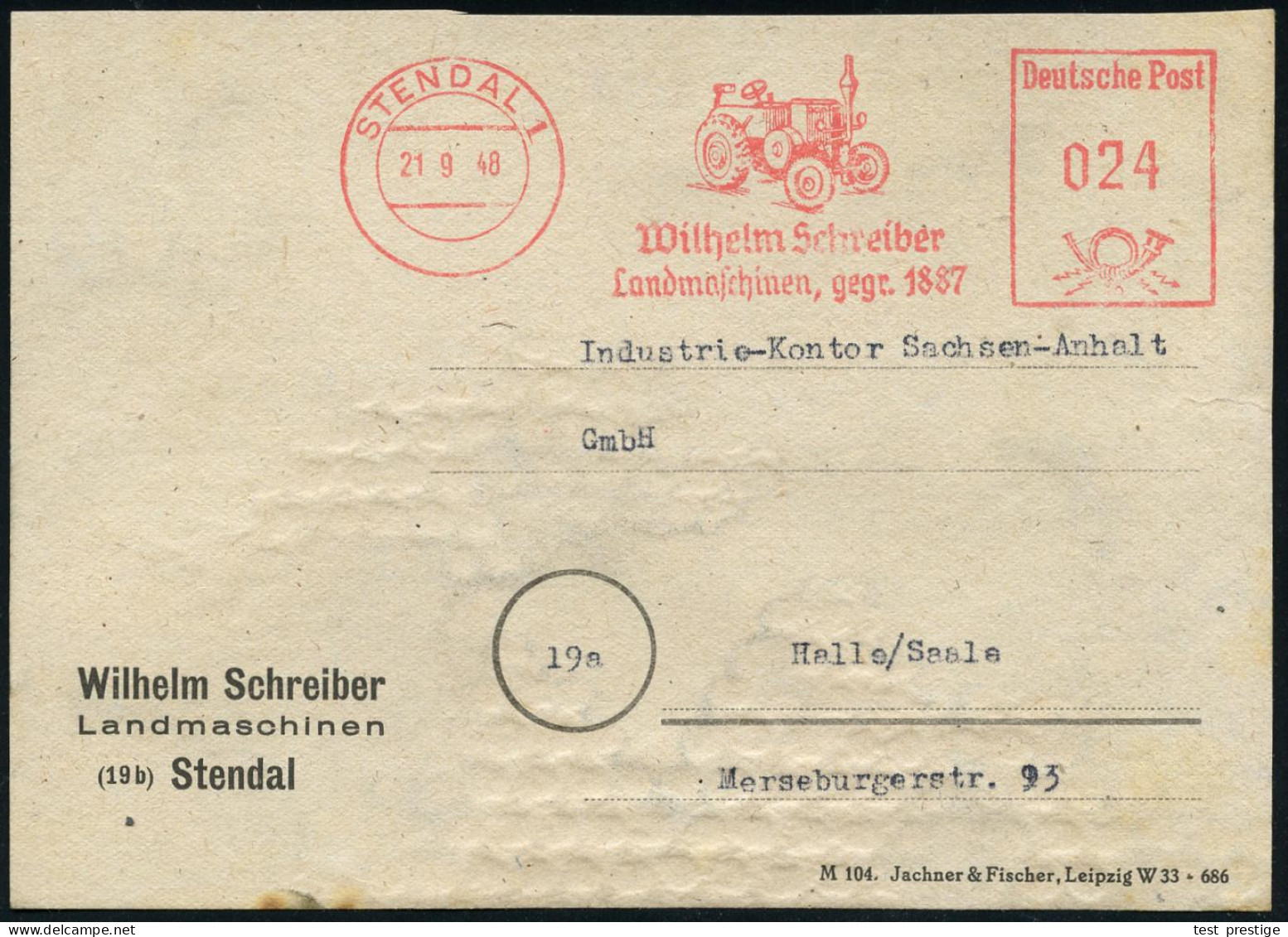 STENDAL 1/ Wilhelm Schreiber/ Landmaschinen,gegr.1887 1948 (21.9.) AFS = Lanz-Traktor , Klar Auf Adreß-Aufkleber (Dü.E-2 - Cars