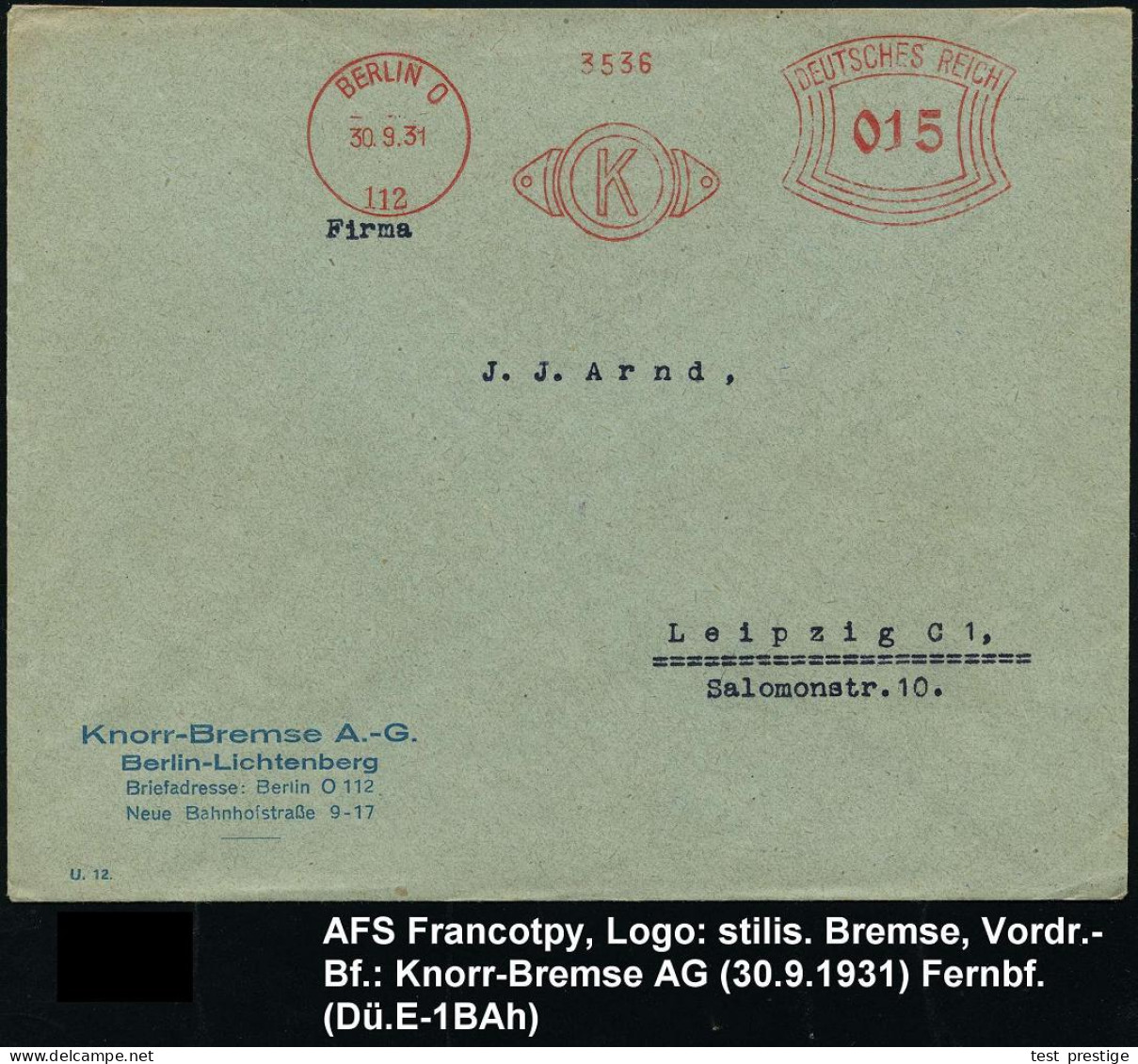 BERLIN O/ 112/ K 1931 (30.9.) AFS Francotyp = Stilis. Bremszylinder U. Bremsbacke (= Firmen-Logo) Firmen-Bf.: Knorr-Brem - Voitures