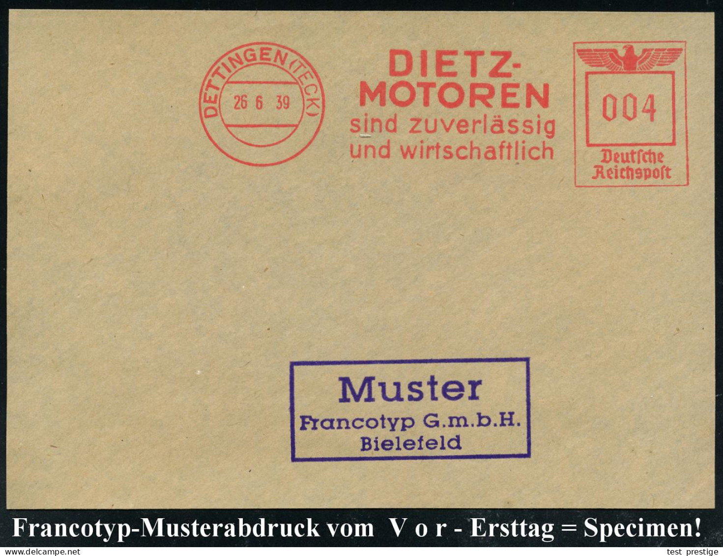 DETTINGEN (TECK)/ DIETZ-/ MOTOREN/ Sind Zuverlässig.. 1939 (26.6.) AFS-Musterabdruck Francotyp "Reichsadler" , Glasklar  - Voitures