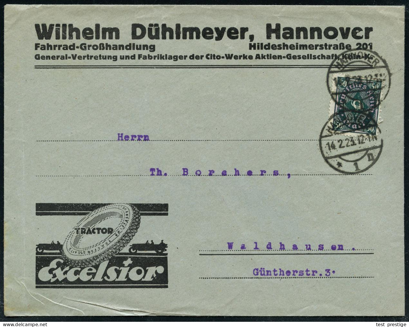 Hannover 1 1923 (14.2.) Reklame-Bf.: Excelsior TRACTOR, Wilhelm Dühlmeyer.. (Fahrrad-Großhandlung..Generalvertretung Cit - Autos