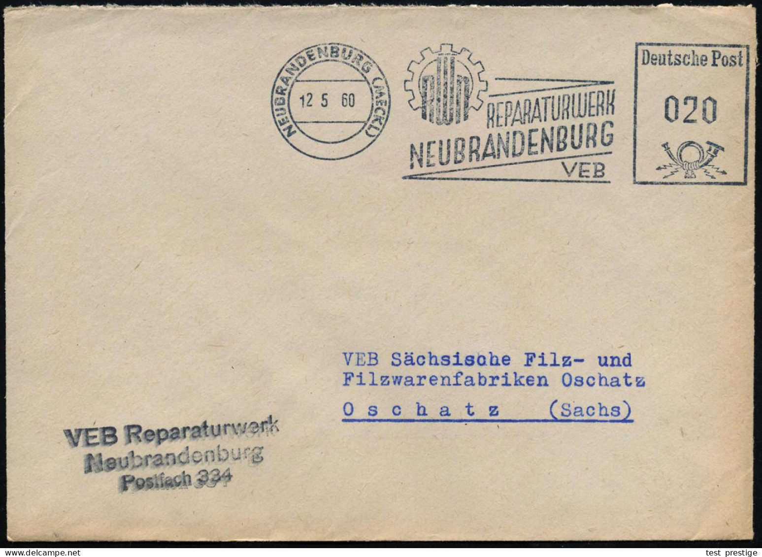 NEUBRANDENBURG (MECKL)RWN/ REPARATURWERK/ NEUBRANDENBURG/ VEB 1960 (30.9.) Blauer AFS = Monogr. Vor Zahnrad + Abs.-HdN., - Cars