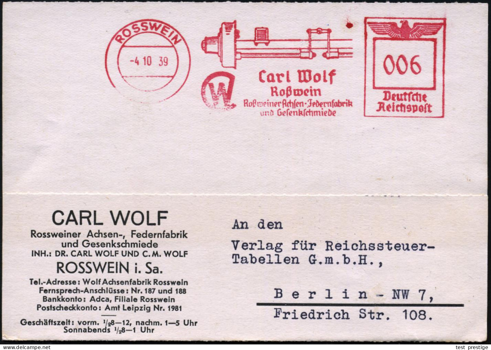 ROSSWEIN/ Carl Wolf../ Roßweiner Achsen-Federnwerk/ U.Gesenkschmiede 1939 (4.10.) Dekorativer AFS Francotyp = Achse Mit  - Cars