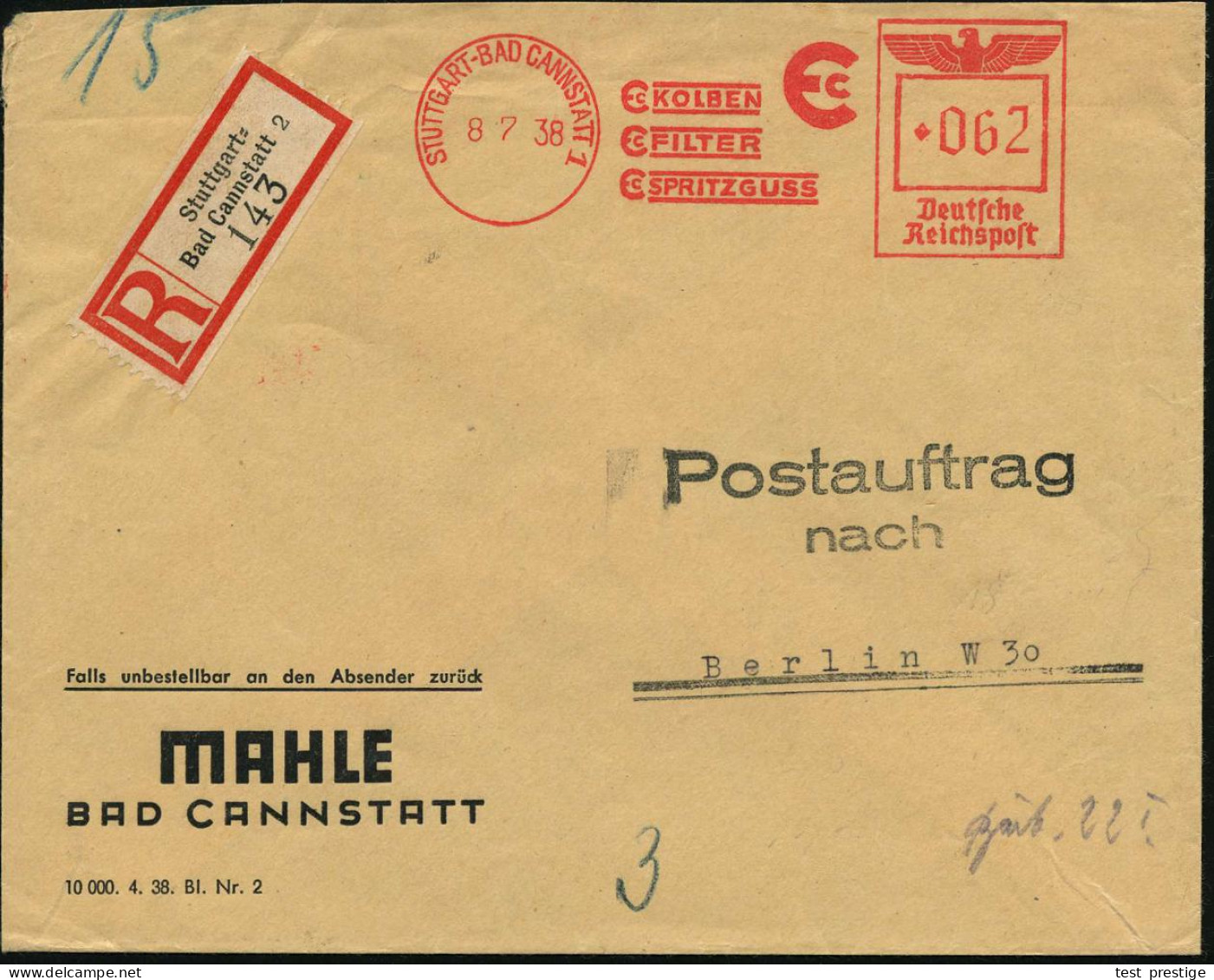 STUTTGART-CANNSTATT 1/ MC KOLBEN/ MC FILTER/ MC SPRITZGUSS 1938 (8.7.) AFS Francotyp 062 Pf. Francotyp (wie Vorher) Aber - Coches