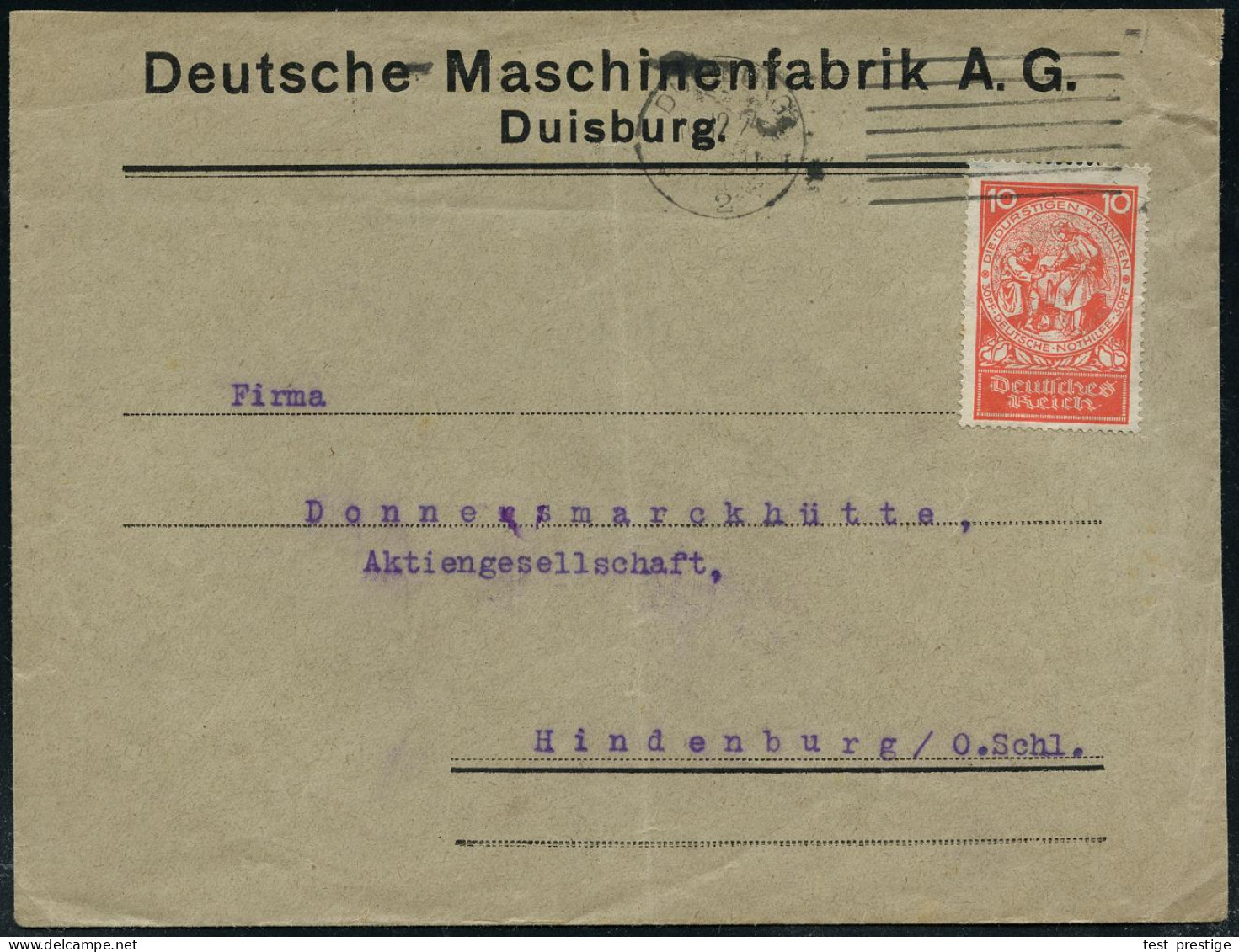 DUISBURG/ *2I 1924 (10.12.) MaStrichSt A.EF 10 Pf.Nothilfe Auf Firmen-Bf.: Deutsche Maschinenfabrik A.G. (= DEMAG) Fern- - Otros (Tierra)