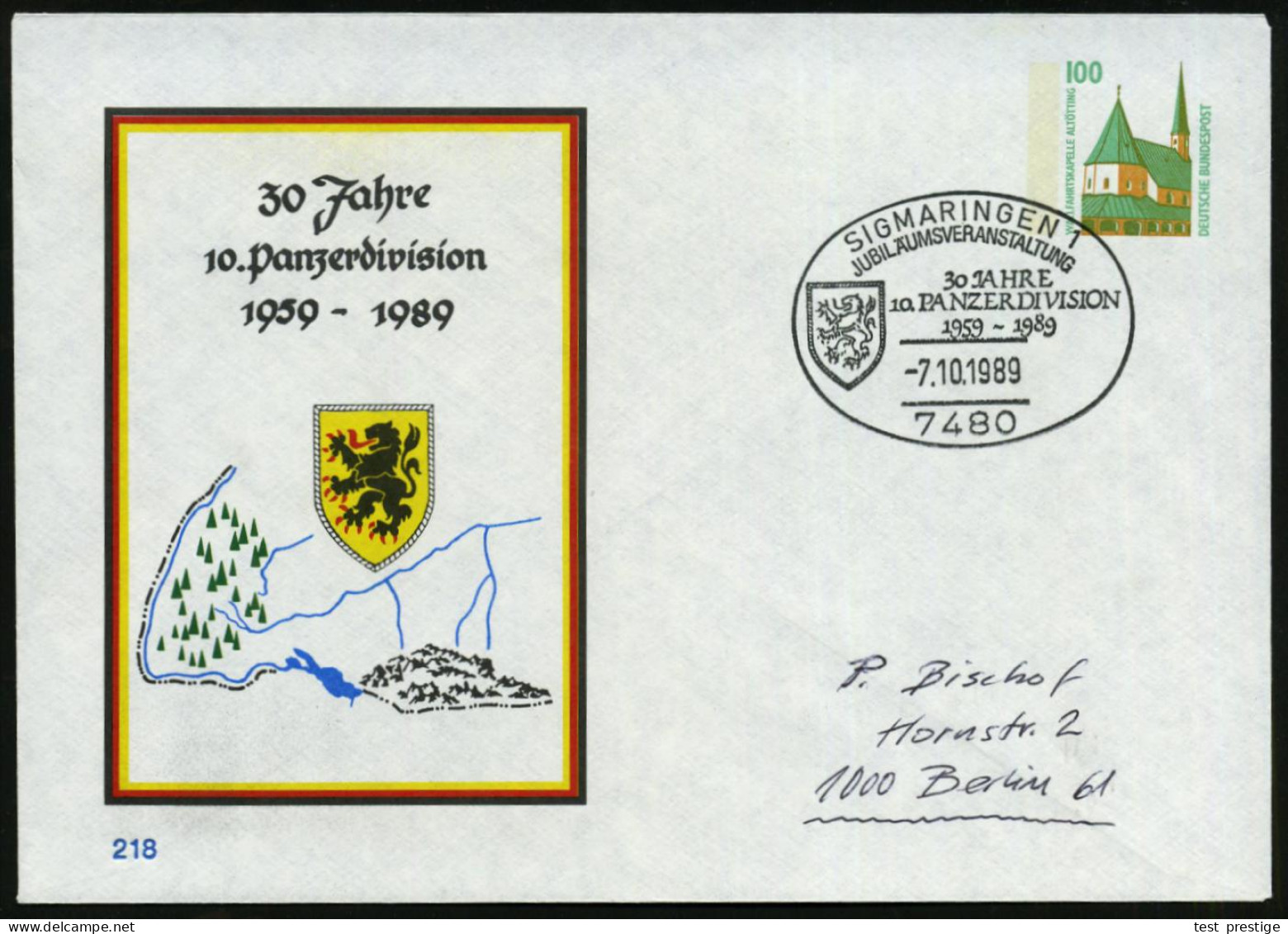 7480 SIGMARINGEN 1/ ..30 JAHRE/ 10.PANZERDIVISION 1989 (7.10.) SSt Auf PU 100 Pf. Sehenswürdigkeiten: 30 Jahre/10. Panze - Other (Earth)